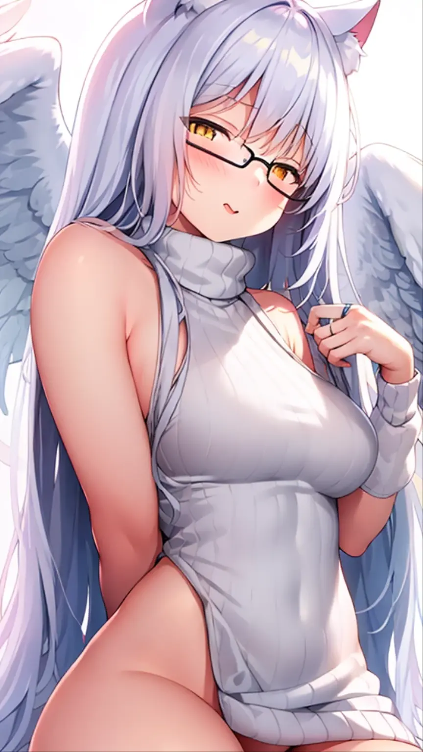An 18 year old female angel with long, white hair, yellow eyes, white cat ears, and large white angel wings. yellow halo ring round white glasses (White halter turtleneck sweater, purekiller sweater, sleeveless, sexy backless sweater) white arm warmers finger touching lips