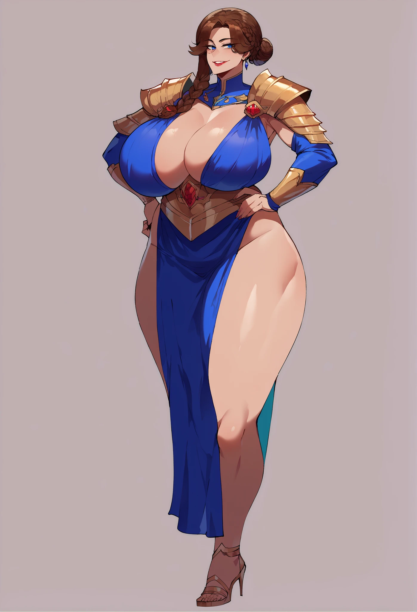 full body, 1 child female, solo, 1 girl, lustful smirking smile blush, looking at viewer, sitting on chair with legs crossed, big black thighs stocking, big breasts (cover with blue) ((SFW)), hands on hips, wide hips, blonde long hair, blonde drill hair, blonde twin drills hair, blue wizard hat, Handcuffs on their hands, With a collar around the neck