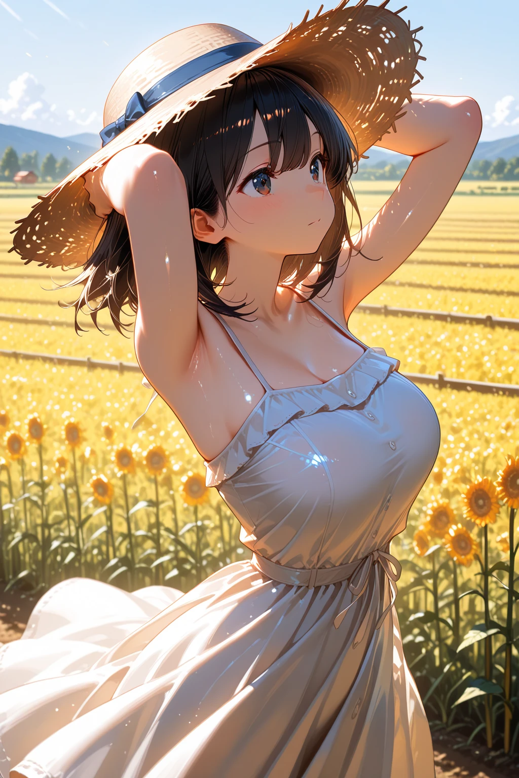 sunny、summer、Sunflower field、White clothes、No bra、Large Breasts、shame、Burning cheeks、Embarrassed、Young face、Brown nipples、pubic hair、after the rain、Stained and clingy clothes