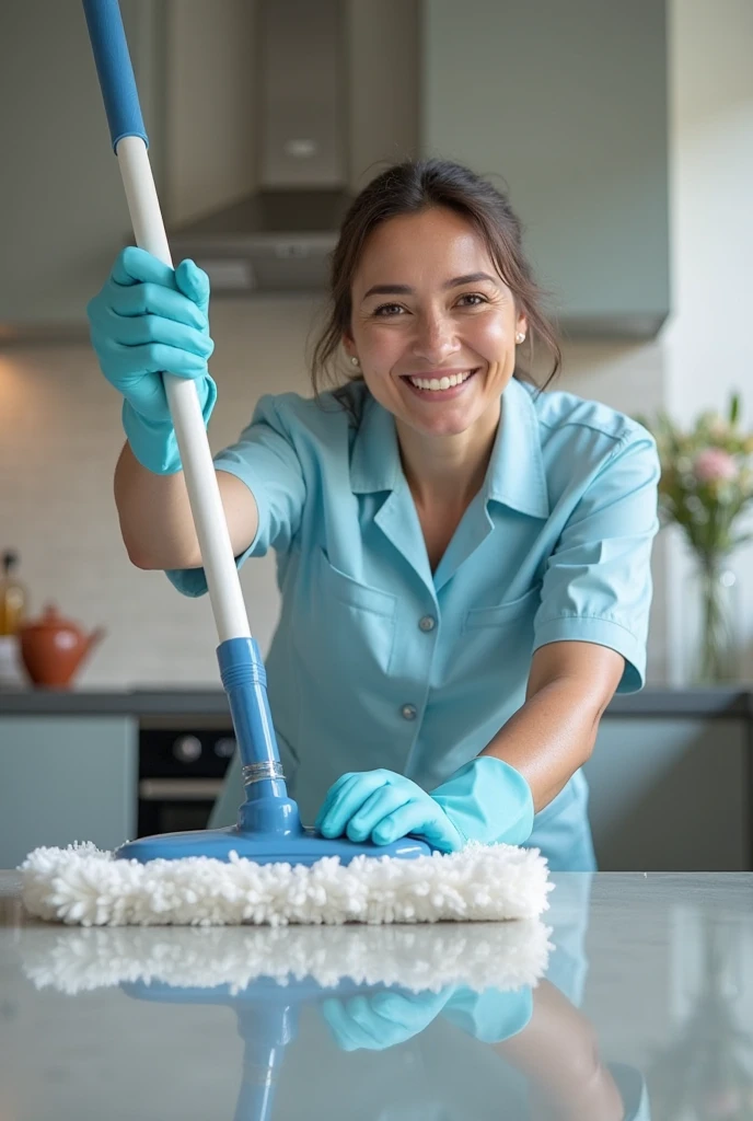 "An artistic level of bathroom cleaning photography, highlighting the main cleaning supplies, a female cleaner, holding a rag in her left hand, with an extremely slender texture, the lens highlights the protagonist's cleaning rod and tile pool, conveying a quiet and tidy aesthetic." Without gloves