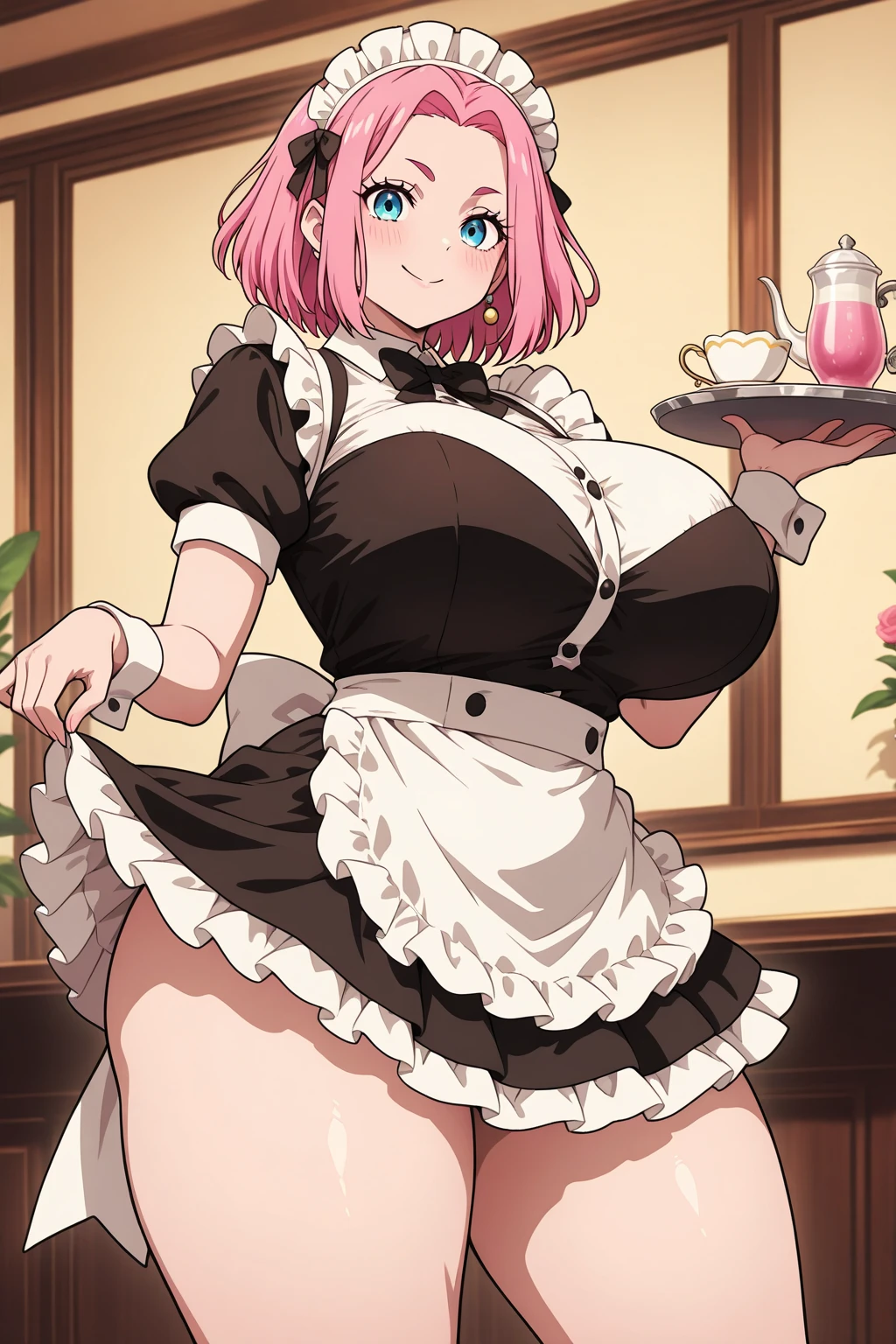 Hentai、High resolution、A shy smile、A short maid with huge breasts shows off her sexual appeal in the reception room of a luxurious mansion、Perfect proportions、Cowboy Shot、Extraordinarily large, heavyweight breasts、Big areola、Plump legs、Sharp Eyes、Sweaty、Mash Kyrielight