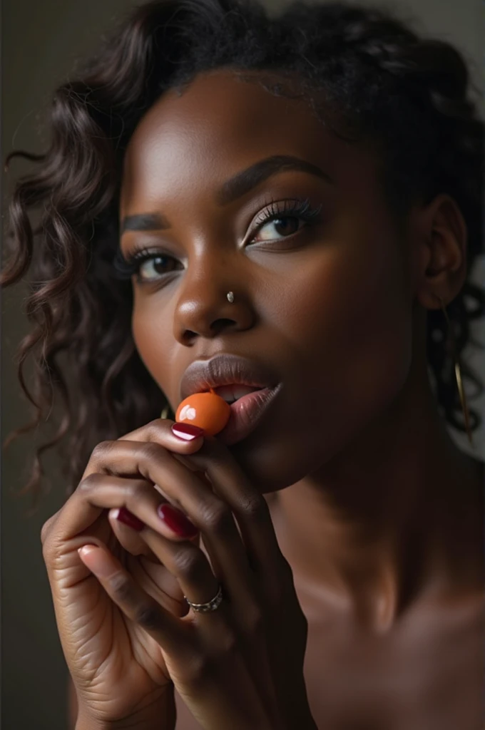 Beautiful woman with dark skin without clothes eating strawberries