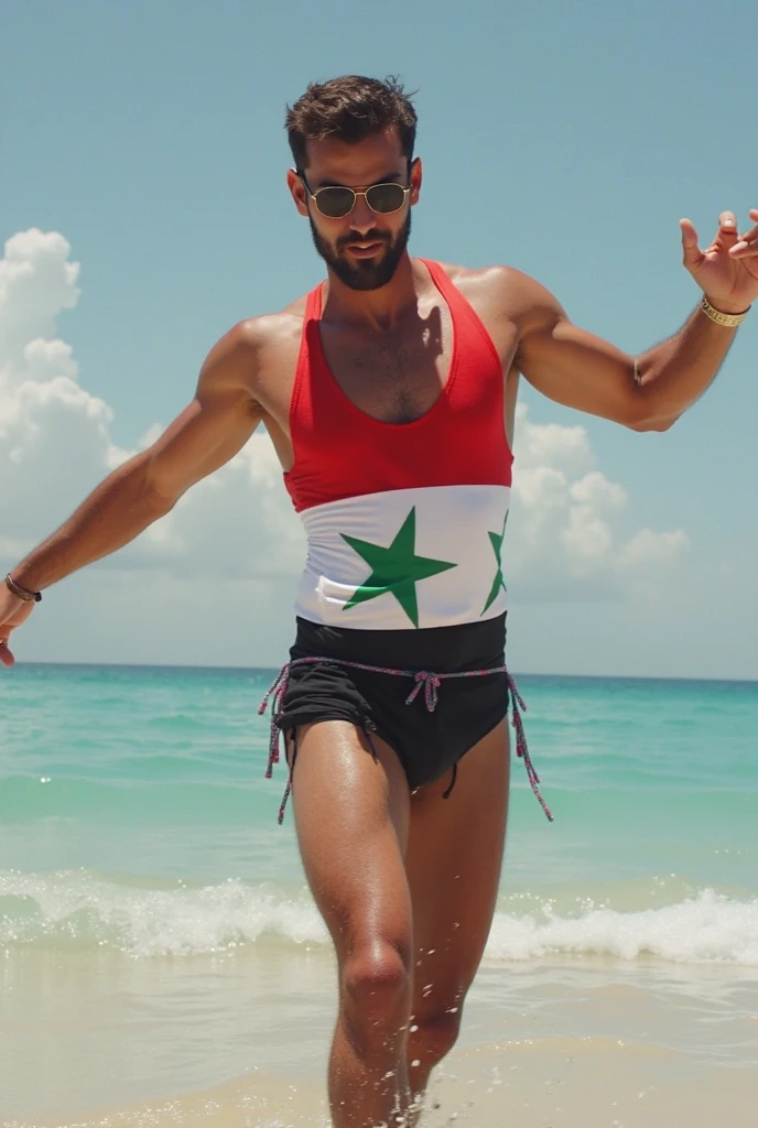 A handsome 27-year-old tall white young man in a men's fashion show on the beach shore wearing a de bandera paraguay swimsuit with a beach ball in his hand. Many people applaud him and bubbles are around him. Tight boxer shorts in the colors De paraguay flag. Unshaved, white, tall with black hair flaquito
