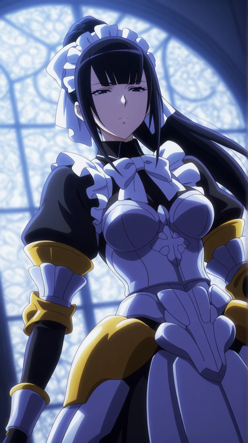 (((imagem perfeita))), (Absurdo), 1girl, sozinho, Narberal Gama, maid, armadura, Luvas, cocar de empregada, Olhando para o Viewer, no expression,fundo simples, cabelos pretos, fundo branco,eager pet pose, squatting