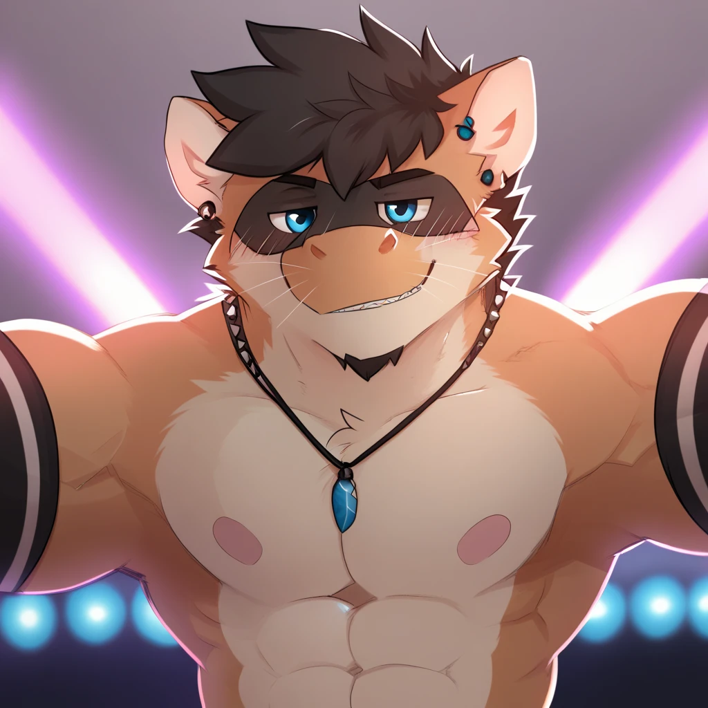 Anthropomorphic fox, In good condition, Pink fur, (Exquisite details), Smile, Handsome, OK, blue underwear, on stage, Dance, Neon lights, canine, male, giggle, (Slim, muscular, exquisite eyes), naked, 