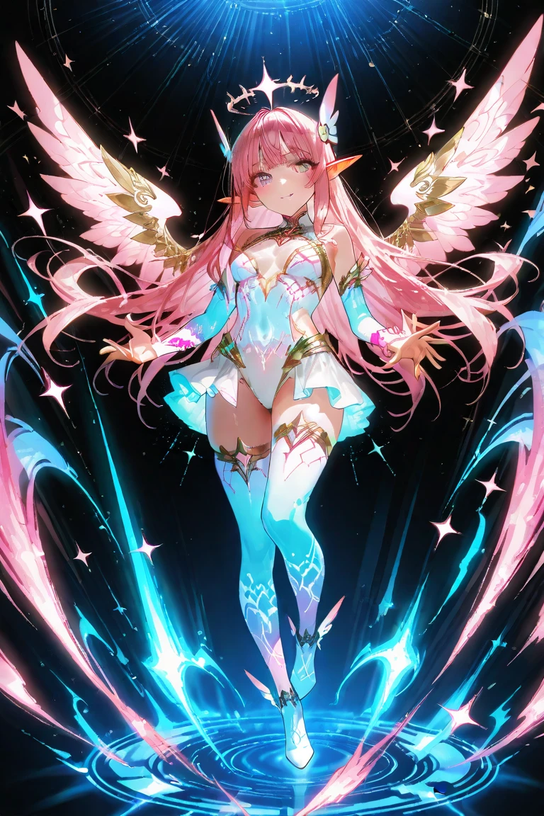 masterpiece, best quality, high resolution, extremely detailed CG, 1girl, solo, a mecha girl in black armor with pink glowing wings in universe, wings of light, red hair, long hair, (large eyes), glaring, cleavage, thighs, off-shoulder, ((pink glowing wings)), full body, from below