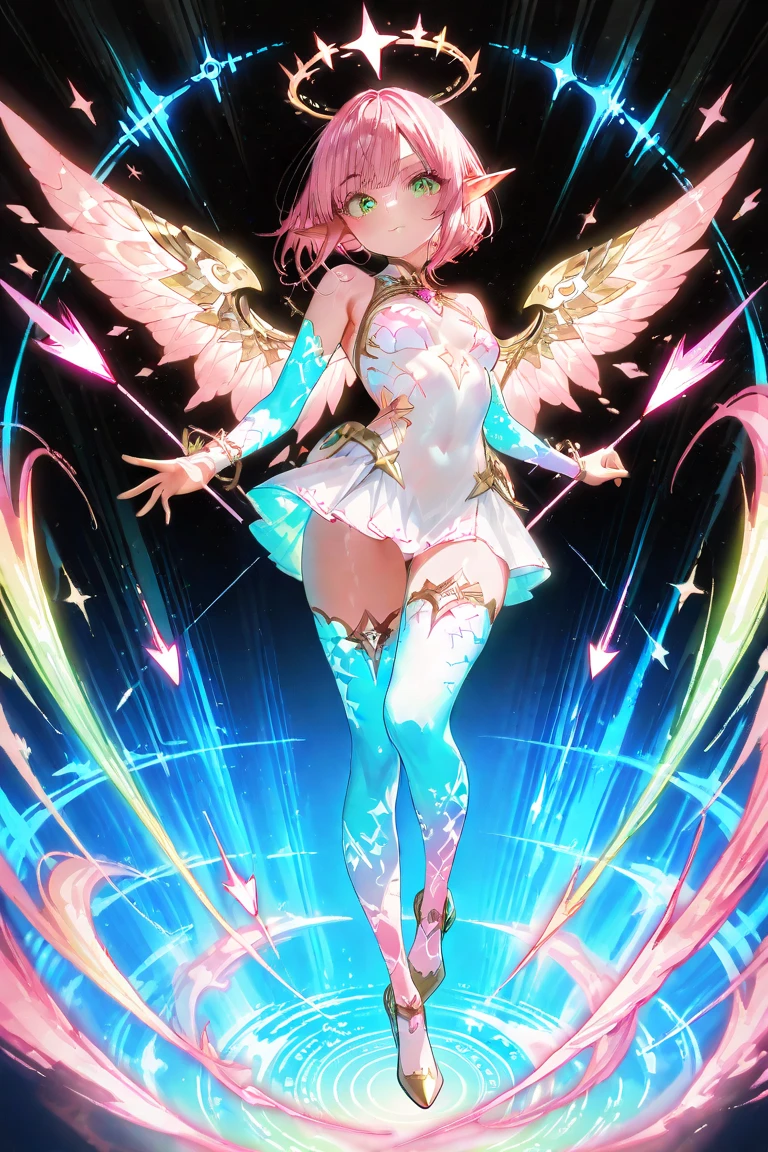 (paint splashes, abstract, painting_\(medium\), water paint:1.4),  girl made of paint, colorful, best quality, highres, absurdres, ultra-detailed, 1girl, golden_hair, solo, long_hair, breasts, large_breasts, pink_eyes, intricate design, detailed clothing,  navel, hairband, brown_coat_white_fur, midriff,  pulling sword out of magic portal, magical multicolored flaming wings on back,  reflective_surface, hundreds of reflections,  inner_thighs, criin, shinkawa youji, <lora:yojiShinkawaStyle_offset:0.7>,  <lora:criinStyleLora_offset:1>