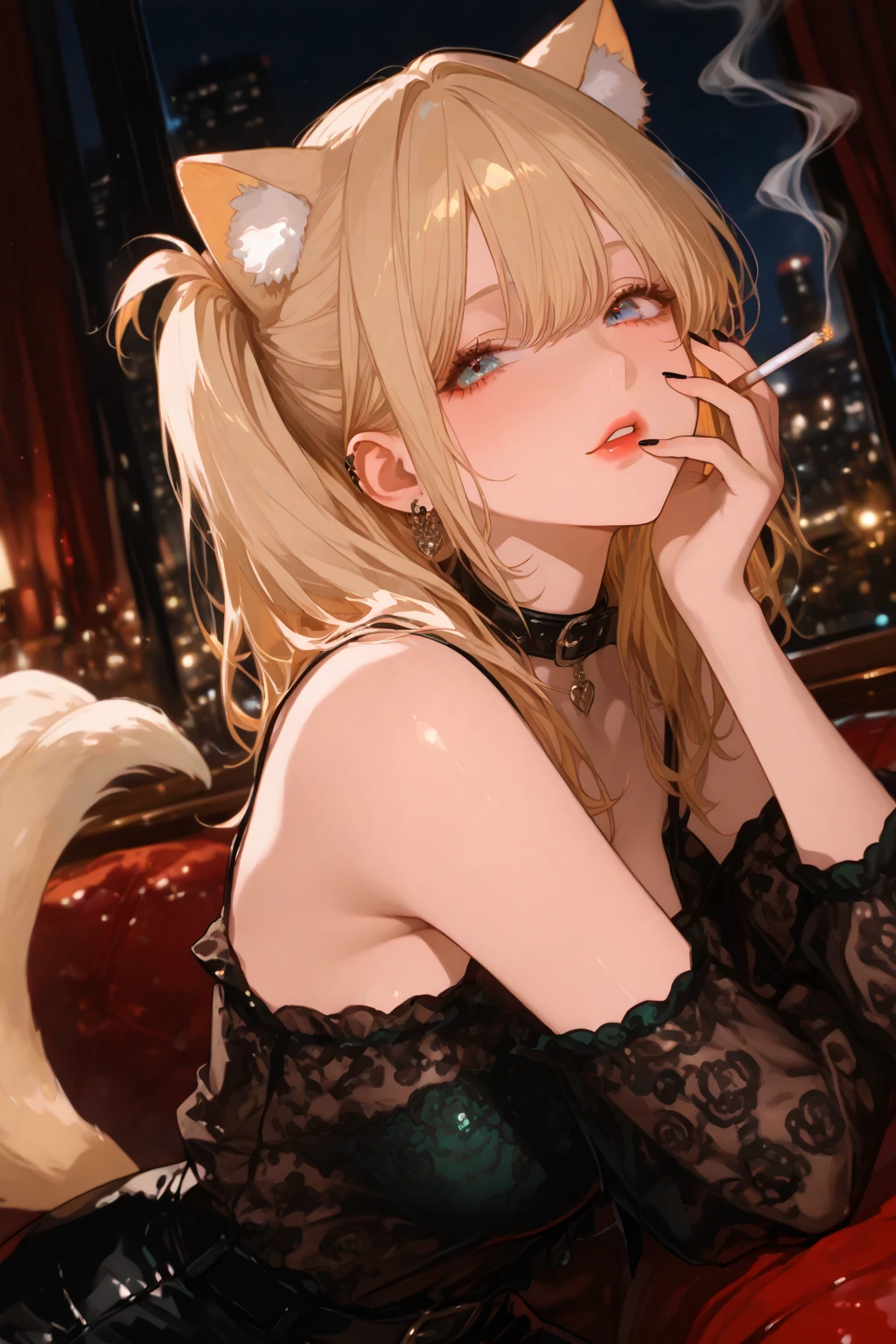 Bunny girl illustration. The character wears an attractive bunny girl costume. Her costume features a black leotard, a rabbit ear headband, white cuffs and collar, and a small tail. She is posing confidently and smiling a little provocatively. The background has a chic and stylish atmosphere reminiscent of a club or lounge, giving the scene an overall glamorous and sophisticated impression,red lips,Fishnet tights,((wink, one eye closed)),shushing,(blonde blue eyes),upper body