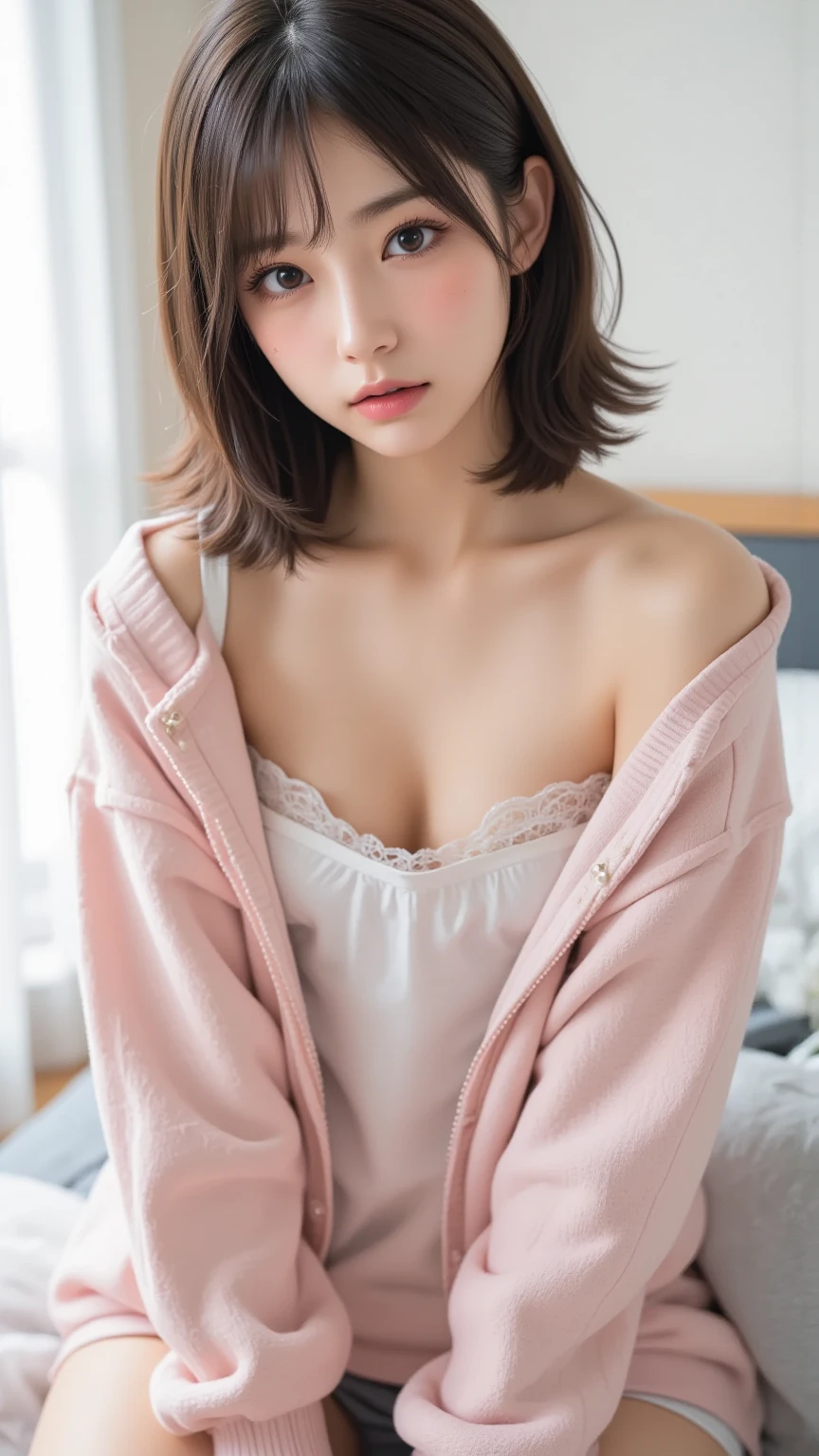 ulzzang -6500-v1.1, (Raw photo:1.2), (Photorealistic), Beautiful detailed girl, Very detailed eyes and face, Beautiful detailed eyes, Huge file size, High resolution, Very detailed, Best Quality, [masutepiece:1.6], Illustration, Very detailed, Fine detail, Best Quality, 8K Wallpaper, Movie Lighting, Idol of a 15-year-old Japan, Nipples are visible, light pink nipples, Pajama pants, Change clothes in the bedroom, Smaller chest, Short bob hair, No top,  Slim body, Young Face, Immature body,  Pink pajamas, closet, hanger