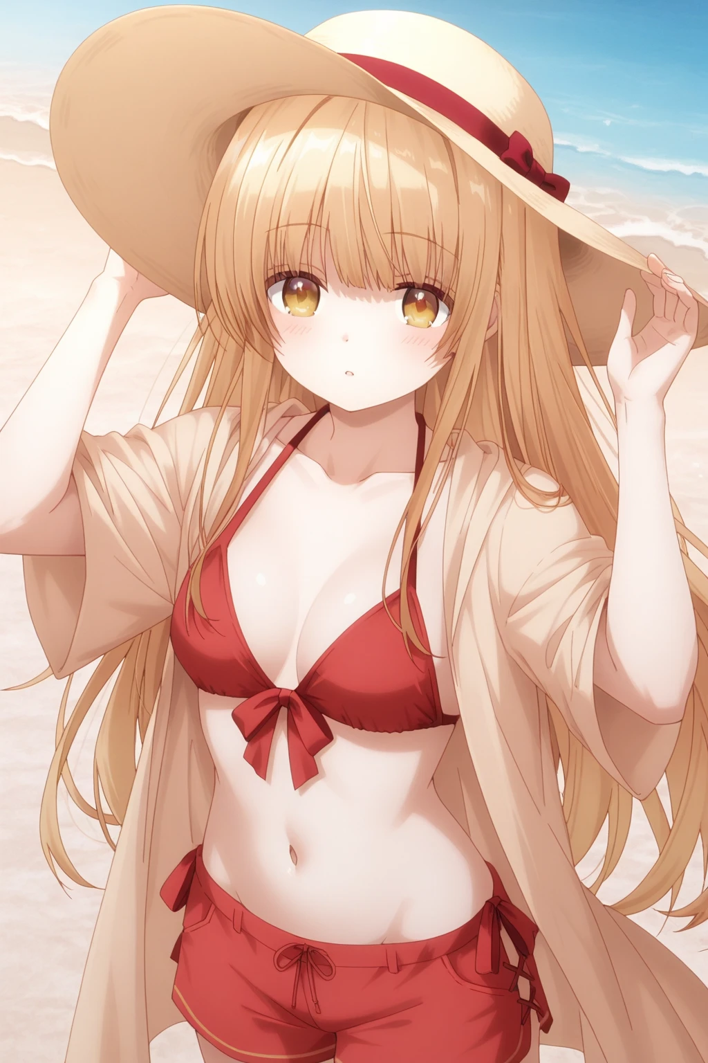 best quality, masterpiece, highres, solo, {richelieu_azurlane:1.15}, long_hair, breasts, blonde_hair, large_breasts, swimsuit, hat, red_eyes, white_headwear, cleavage, orange_hair, one-piece_swimsuit, pink_one-piece_swimsuit, sun_hat, 1girl, blue_sky, day, frills, highleg, highleg_swimsuit, looking_at_viewer, pink_eyes, sky, cloud, covered_navel, outdoors, multiple_straps, ocean