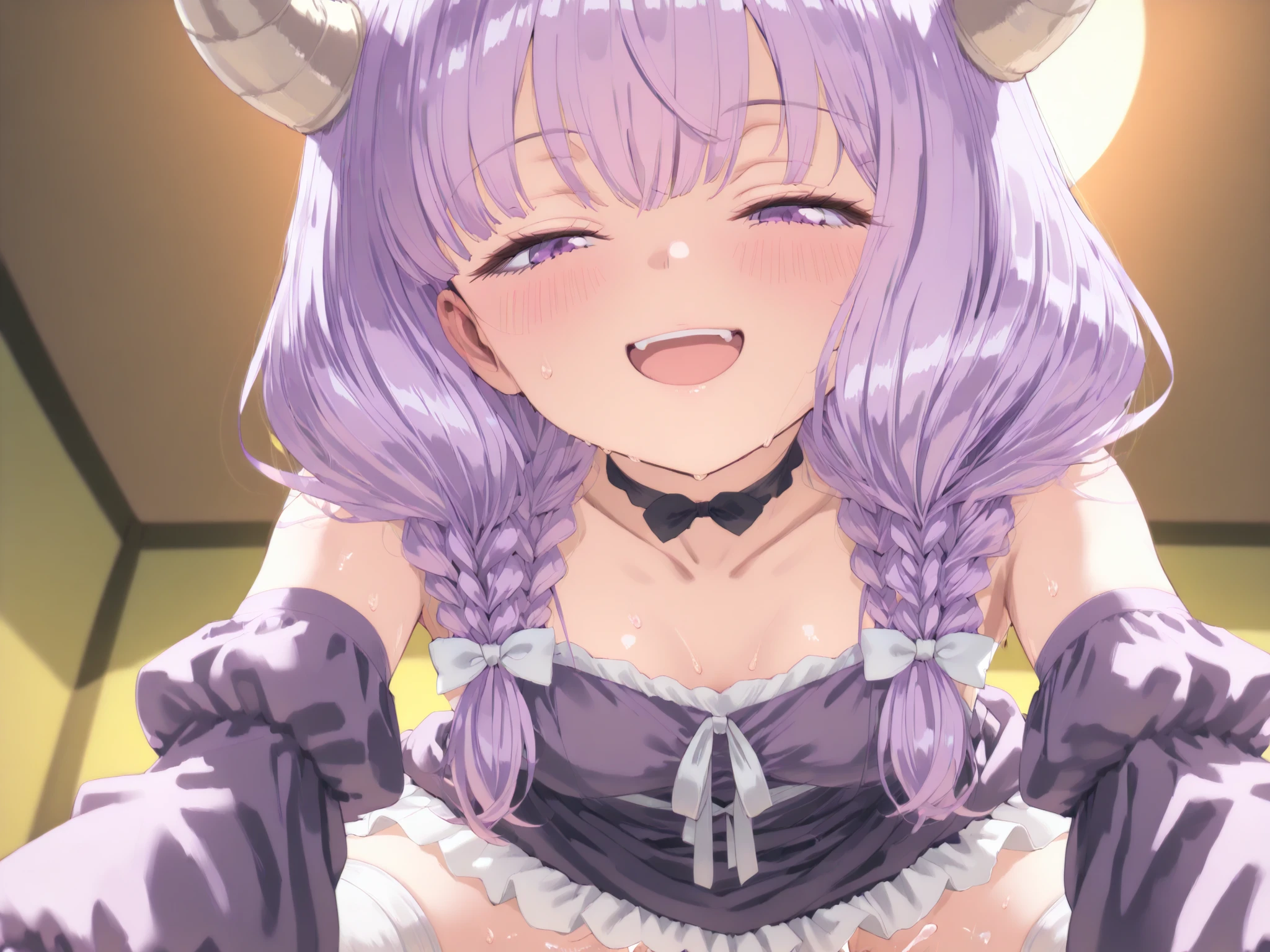 ((masterpiece, best quality)),high resolution,ultra detailed,detailed background,8k,16k,perfect lighting,detailed beautiful eyes,1girl,solo,nsfw,embarrassed,blush,look at viewer,show off pussy, (bottomless,squatting,from front:1.4),skirt lift,(steam,sweat,yellow peeing:1.2),wavy mouth,open mouth,half-closed eyes, ,aura the guillotine, long hair, (purple eyes:1.1), purple hair, braid, horns, twin braids,(small breast,child_body)
