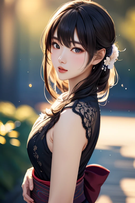8K, Best Quality, Masterpiece, Ultra High Resolution, 1 Cyberpunk Girl wearing Harajuku style clothes, Beautiful Eyes and Face Details, Masterpiece, Best Quality, Upper Body, Master Work, Excellent Details, High Quality Painting Details, Breath-Breathing Absolute Beauty, Collarbone, Slender Neck, Long Eyelashes, Sweet Eyes, Dynamic Angle Problem Extreme Picture Quality, Charming Smile, Glossy Lips, Supple Fair and Translucent Skin, Rich Details, Bright Colors, Strong Contrast, Soft Light Effects, Clear Outline, Streamlined, Charming smile, sparkling eyes, perfect body proportions, slender waist, large breasts, cleavage.