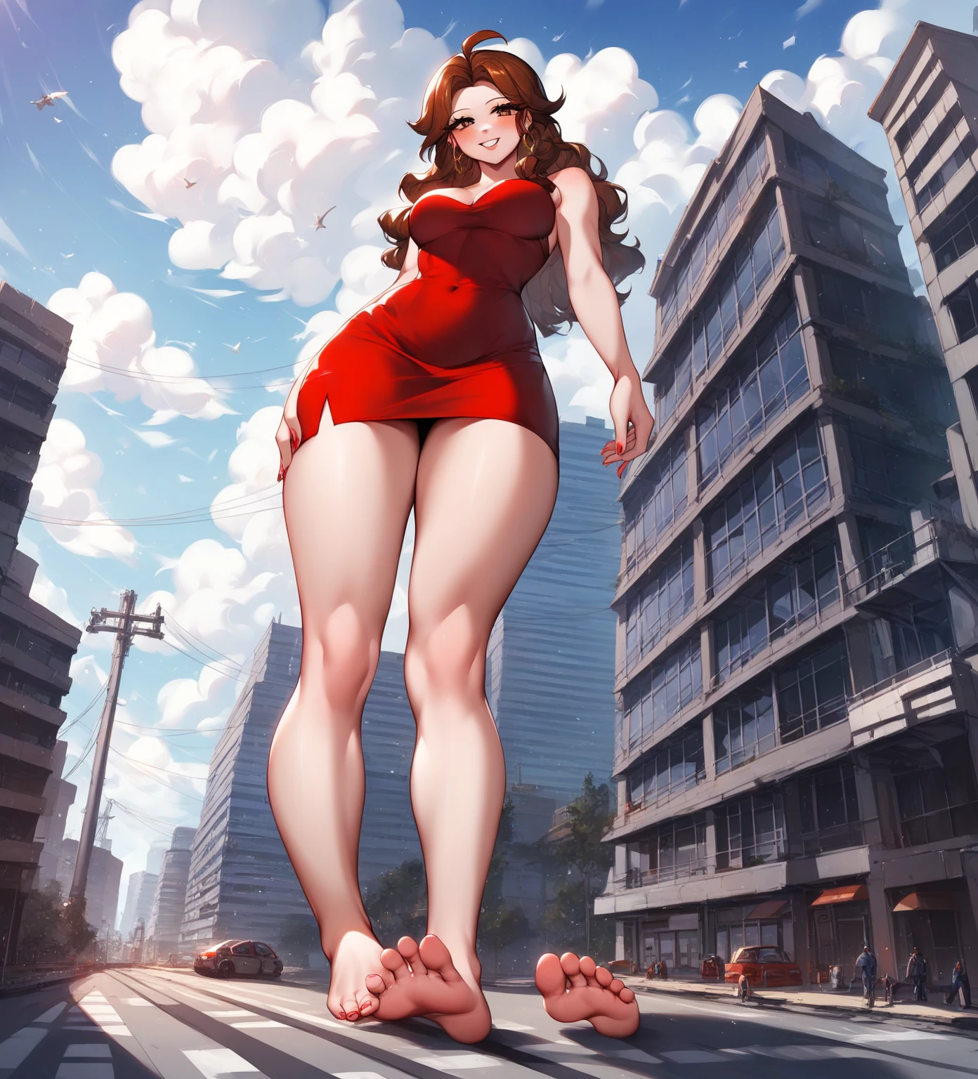 bulma, blackwhiplash art style, standing, Red dress, big butt, city background, nsfw content