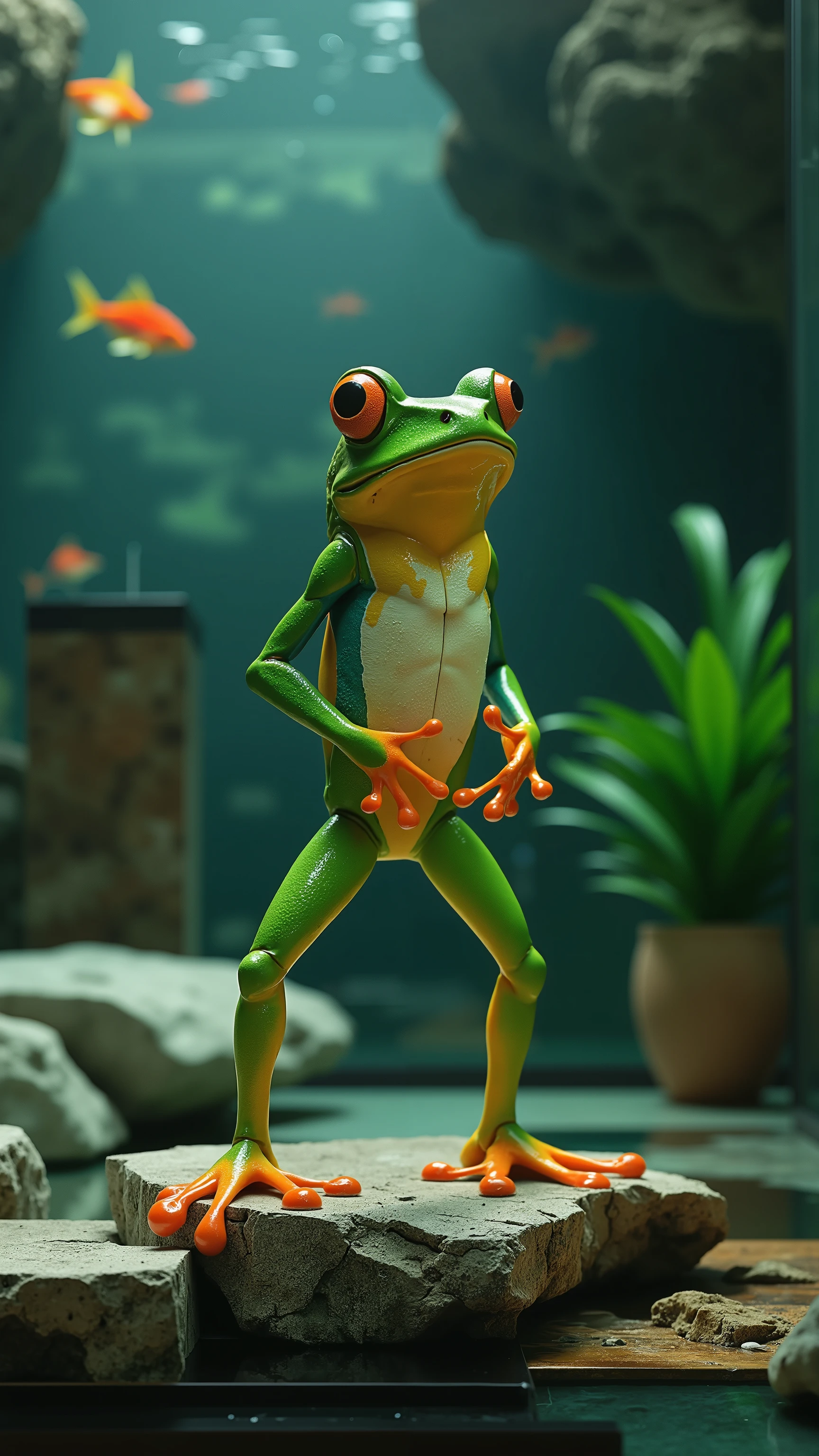 An up of a frog standing on Japanese legs in an aquarium