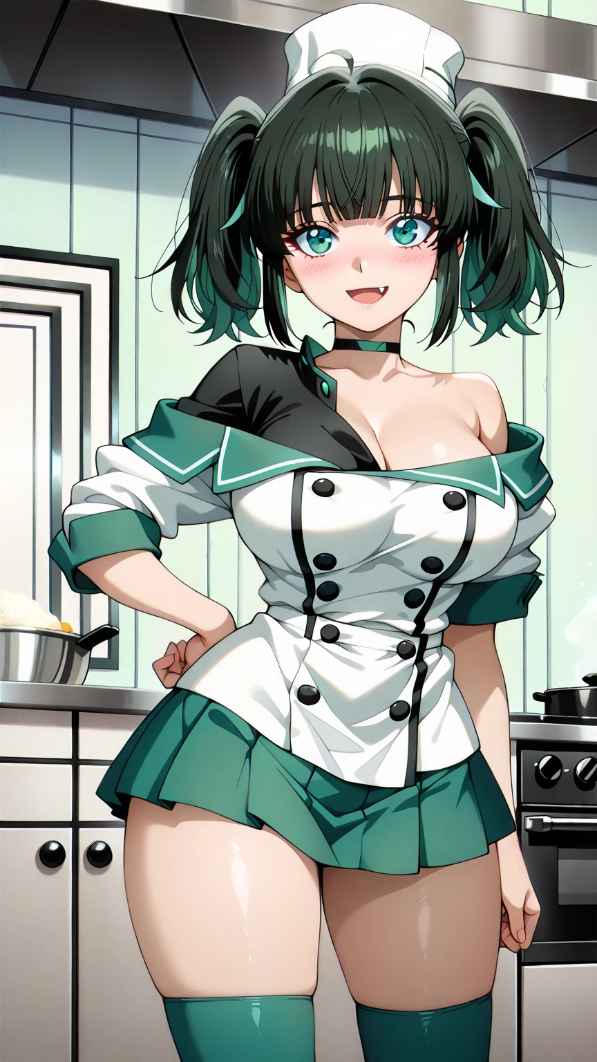 (Best Quality, Masterpiece),sexy mommy, Front cover of a women's cooking magazine, erotic, 18+, nsfw, 1girl, 30 years old, green lipstick, Contempt, pride, hourglass figure, high heels, sexy Maid costume, beautiful food, text, diagrams, advertisements, magazine title, short black hair,green detailed sparkling eyes,