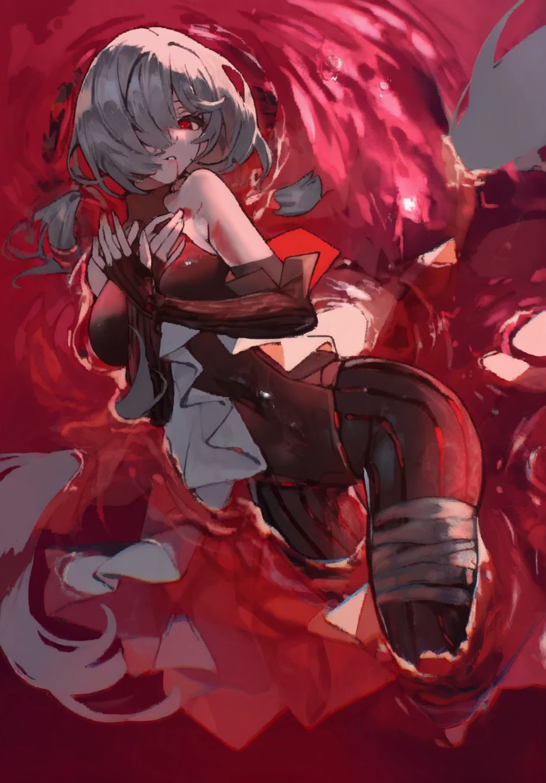 From a first person perspective (throw), An anime style redhead girl is seen sensually crawling towards the camera as she emerges from a dark lake of blood. Her pale skin contrasts with the crimson liquid dripping from her tight, soaked school uniform., highlighting your figure. with hands and knees on the surface of the lake, approaches slowly, with a sadistic smile on his face and dark eyes full of malice. The atmosphere is oppressive, and the sense of danger and sensuality is palpable as she gets dangerously close, looking directly at the observer