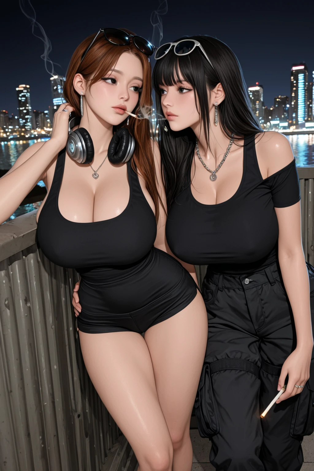 Nyvi estephan, single elbow, ankle boots, black hair, black skirt without panties, black thighs, black boots, elbow gloves, elbows, fingerless gloves, tense shirt, no bra, (suspended black skirt), thighs, white tank top, top body is hyper-realistic and hyper largest_breasts!! with the type of boobs_melons, full body, big chest, look at the viewer, posing standing at the bar, sensual mouth, makeup, bokeh, best quality, masterpiece, highres, UHD, 1080P --auto
