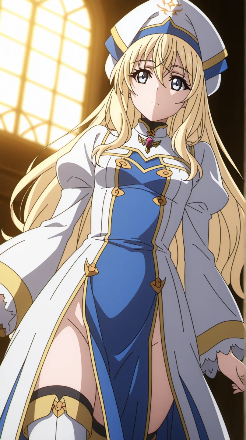priestess, <lyco:priestesss2-lyco-nochekaiser:1>,
priestess, blonde hair, blue eyes, long hair, hair between eyes, (small breast:1.2), smile,
BREAK boots, dress, frilled sleeves, frills, hat, white headwear, pelvic curtain, high heels, robe, thigh boots, thighhighs, white thighhighs, long sleeves, puffy sleeves,
BREAK outdoors, nature, forest, grass, sky, sun, cloud,
BREAK looking at viewer, (cowboy shot:1.5),
BREAK <lyco:GoodHands-beta2:1>, (masterpiece:1.2), best quality, high resolution, unity 8k wallpaper, (illustration:0.8), (beautiful detailed eyes:1.6), extremely detailed face, perfect lighting, extremely detailed CG, (perfect hands, perfect anatomy),