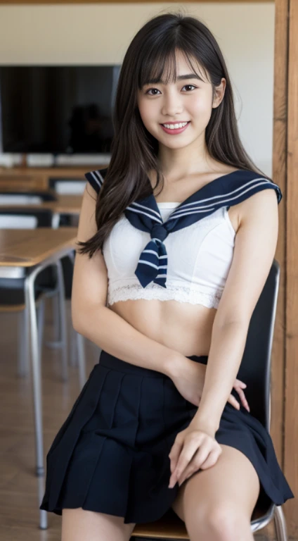 ((Best quality, 8k, Masterpiece:1.3, 1 girl, Beautiful girl)), High resolution, Cute, Dynamism, Detailed face, Detailed skin, Fine grain, Detailed lips, Realistic, RAW photo, Natural light, perfect anatomy, dynamic pose, round butt, toned legs, double eyelids, tear bags, round eyes, moist lips, mouth details, detailed tongue, Japanese girl, black hair, bangs, (Japanese high school girl sailor suit), indoors, detailed clothing, smile, long hair, ponytail, white bra, white lace panties,,high leg panties,sitting on a chair in the classroom.((open your legs)),((Small breasts))