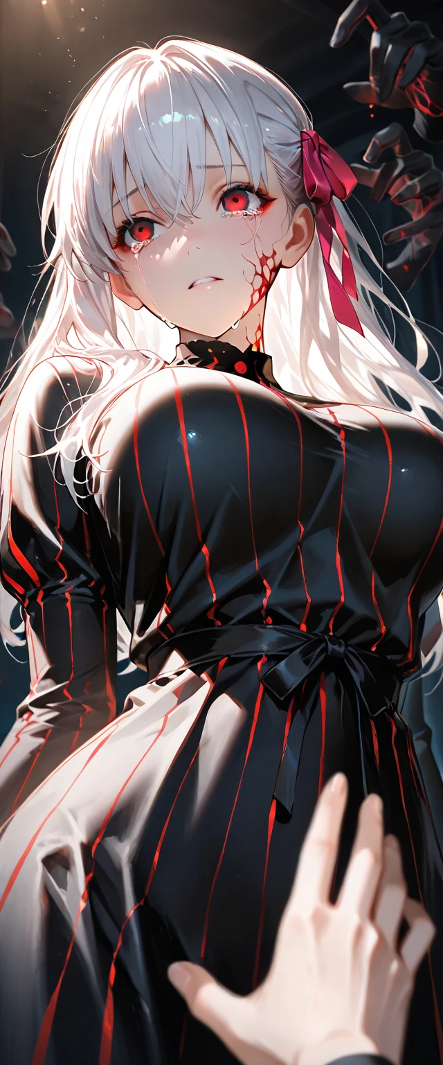 (best quality,highres:1.2),ultra-detailed,(realistic,photorealistic,photo-realistic:1.37),matte painting,dark background,intricate lace patterns,alluring gaze,captivating eyes,intricate clothing,vibrant colors,dramatic lighting
