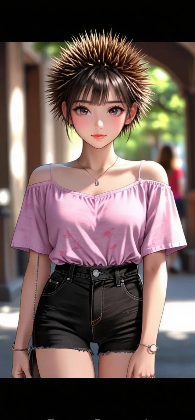 create an anime girl in a short denim skirt and a 21-year-old pink tank top in a cityscape