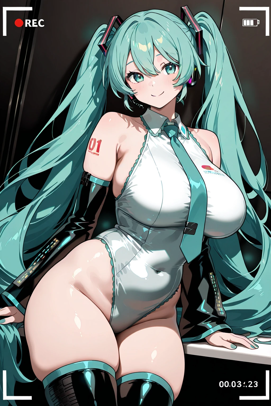 score_9, score_8_up, score_7_up, score_6_up, BREAK, source_anime, 1girl, hatsune_miku, large breasts, fishnet stockings, pink leotard, bunny ears, cowboy shot, smile, half closed eyes, looking at viewer, solo, indoors, futuristic bedroom,
