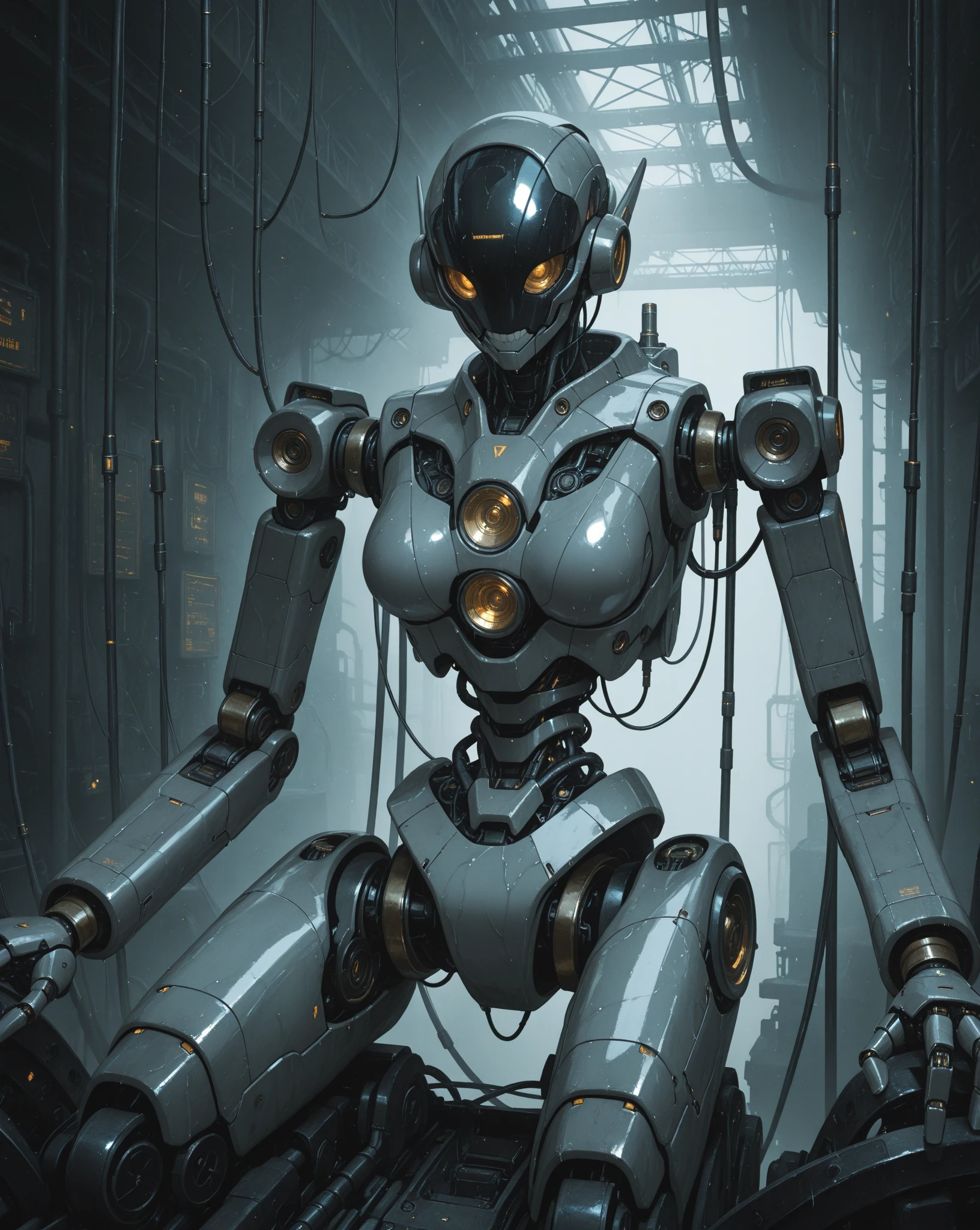 (masterpiece:1.2,high quality), 1girl, ((ultra realistic details)), global illumination, shadows, Unreal Engine, octane render, 8k, ultra sharp, metal, intricate, ornaments detailed, highly intricate details, yellow eyes, (mechanical body:1.2), white hair, (black gas mask), Gear, bob cut, hundreds of wires, Terran, (Robot, android:1.15), Apocalypse, broken buildings