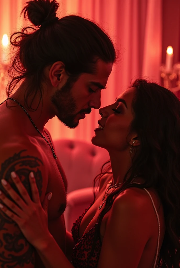 A young woman, pale skin, vibrant maroon long wavy side-parted hair, red/black bra and red/black panties. Towering behind her, an extremely tall Mediterranean-Native American man with black short wavy swept-back hair, fit body, hands on her waist. Inside a underground dark bedroom, low lighting