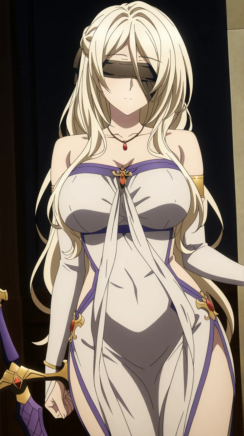 Irisviel,gold with purple silky dress sleeveless,solo,looking at viewer,beautiful smile,arm at side,middle size of breast,beautiful necklace,tall breasts