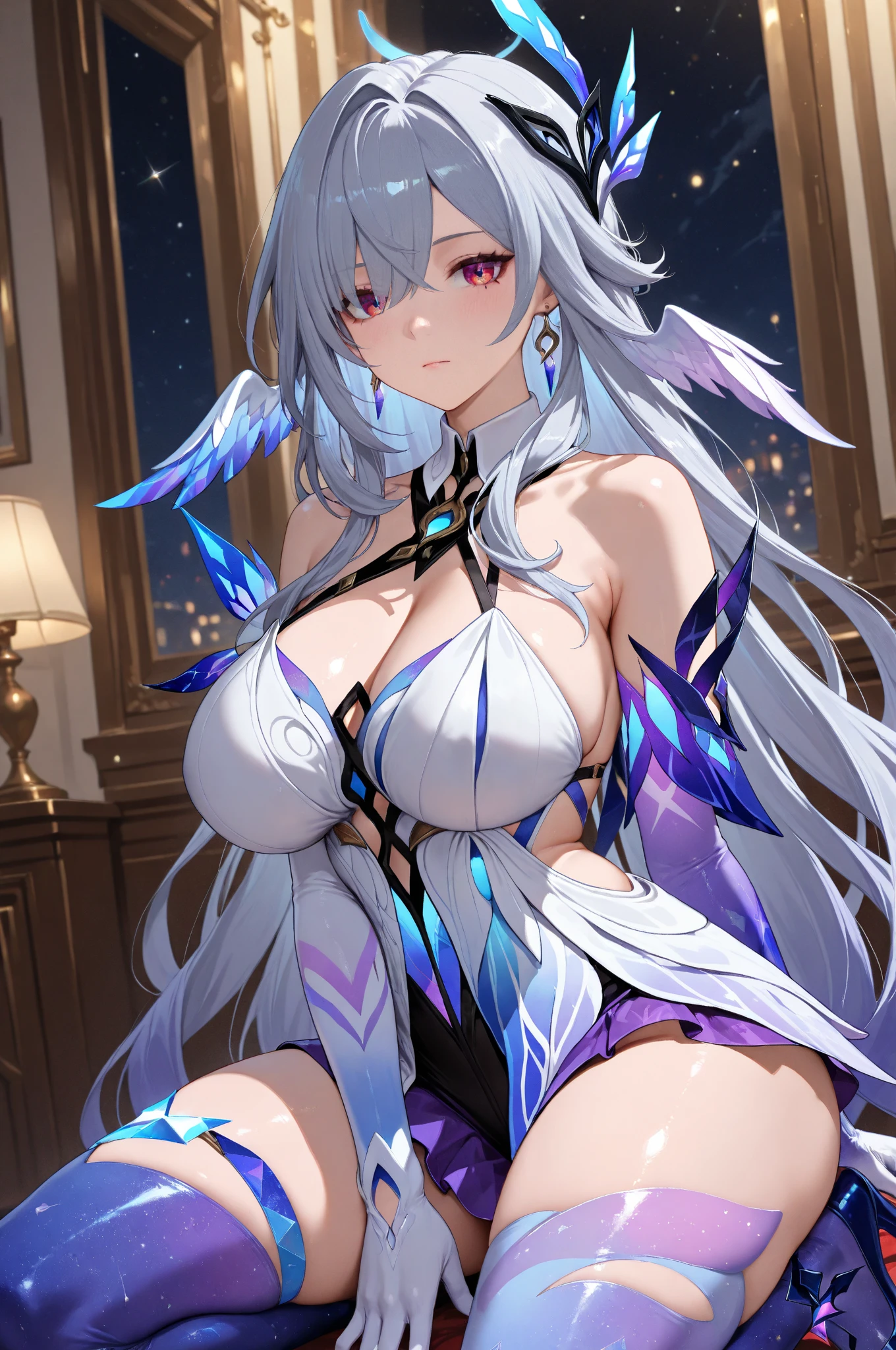 masterpiece, highest quality:1.2), One woman, alone, jingliu, jingliu\(honkaistarrail\), bluish-silver hair, Long Hair, Long Hair, Red Eyes ,Shiny skin, 非常に非常にHuge Tits、Thick legs、Long legs、Bare legs、Are standing、とてもHuge Tits、Huge Tits、Erotic squatting、Put your hands behind your head、Nipples