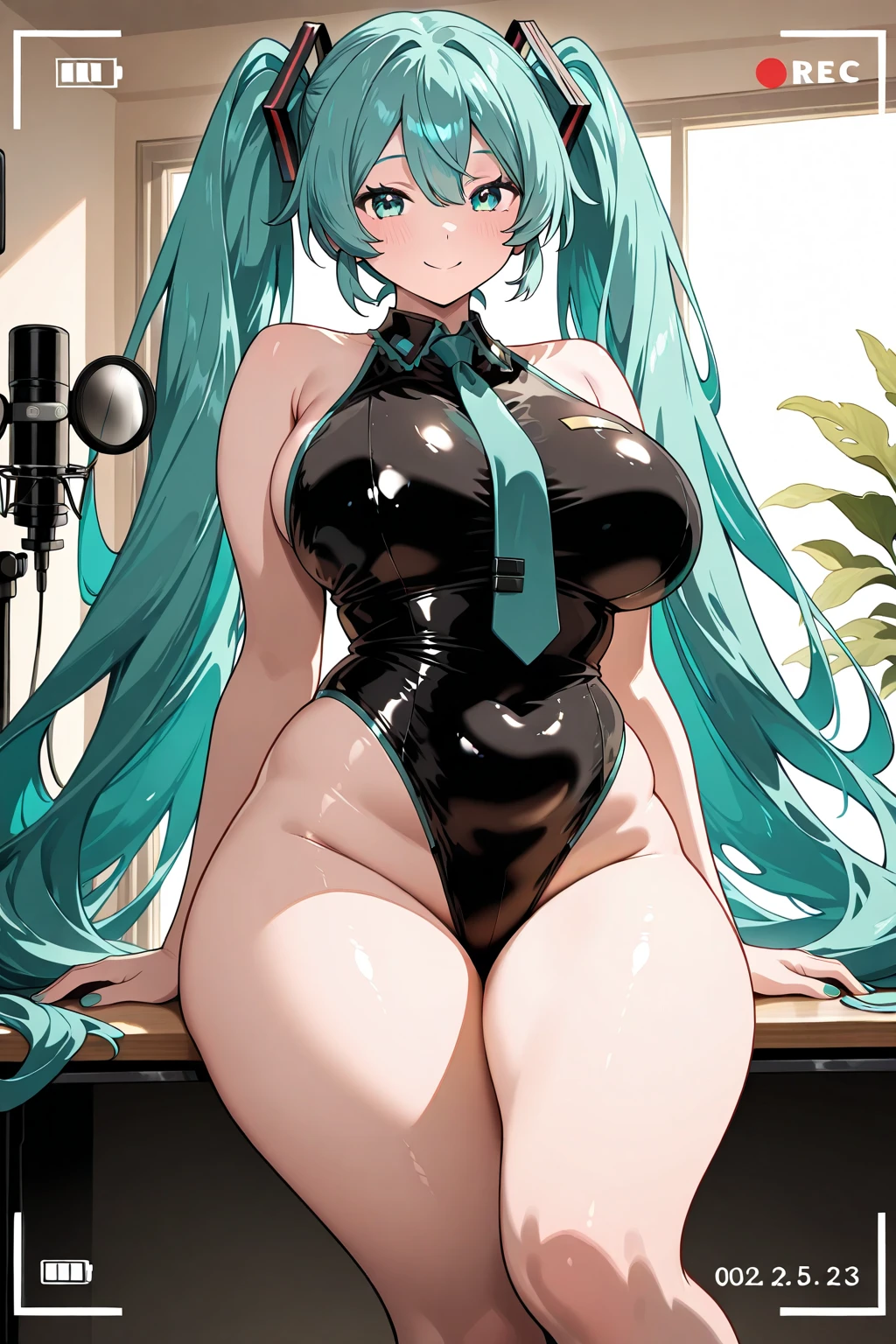 (1 Girl),(high quality), (High resolution), (Very detailed), (8k),(Demolition paperback correct)、Urusei Yatsura、Ram-chan、((sexy leotard))、((Focus on the whole body))、Nipple Shape、((Black knee-high stockings))、Hair messed up by the strong wind、Neutral White Lighting,Sexy pose、On both knees