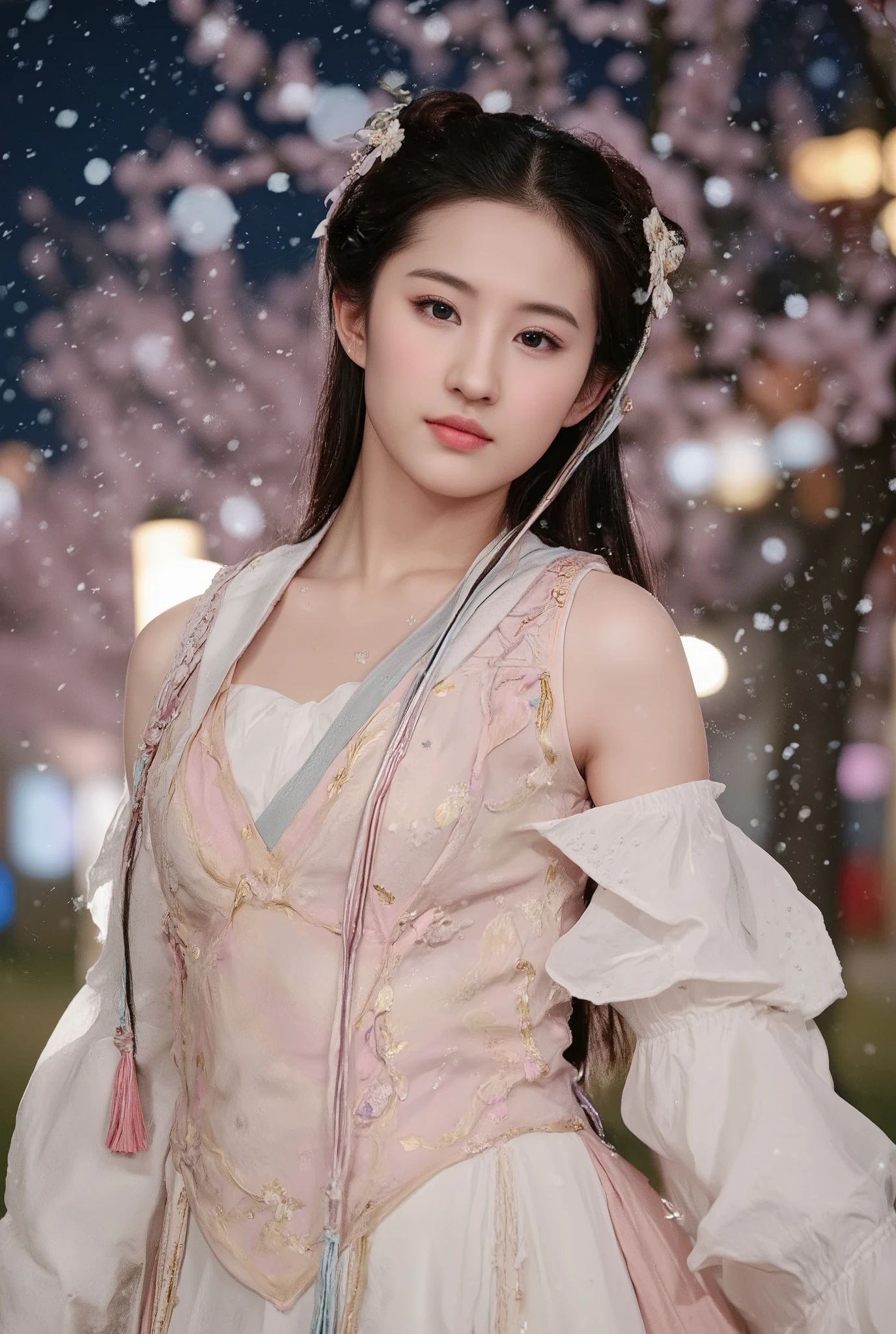 A woman dressed in an elegant fantasy-inspired gown stands amidst a serene outdoor setting. Her attire, a flowing ensemble of soft white and pink, features intricate golden embroidery and delicate tassels in hues of pink and blue. The gown is carefully draped, with an off-the-shoulder design that highlights her décolletage. The woman’s long, dark hair cascades down her back, adorned with ornate headpieces resembling antlers, which add a regal touch to her appearance. Cherry blossoms and snowflakes gently float around her, suggesting a magical atmosphere blending spring and winter. The background is softly blurred, with elements that appear to be traditional East Asian architecture softly illuminated under the night sky, enhancing the ethereal mood of the scene. The overall composition exudes a sense of grace and enchantment.