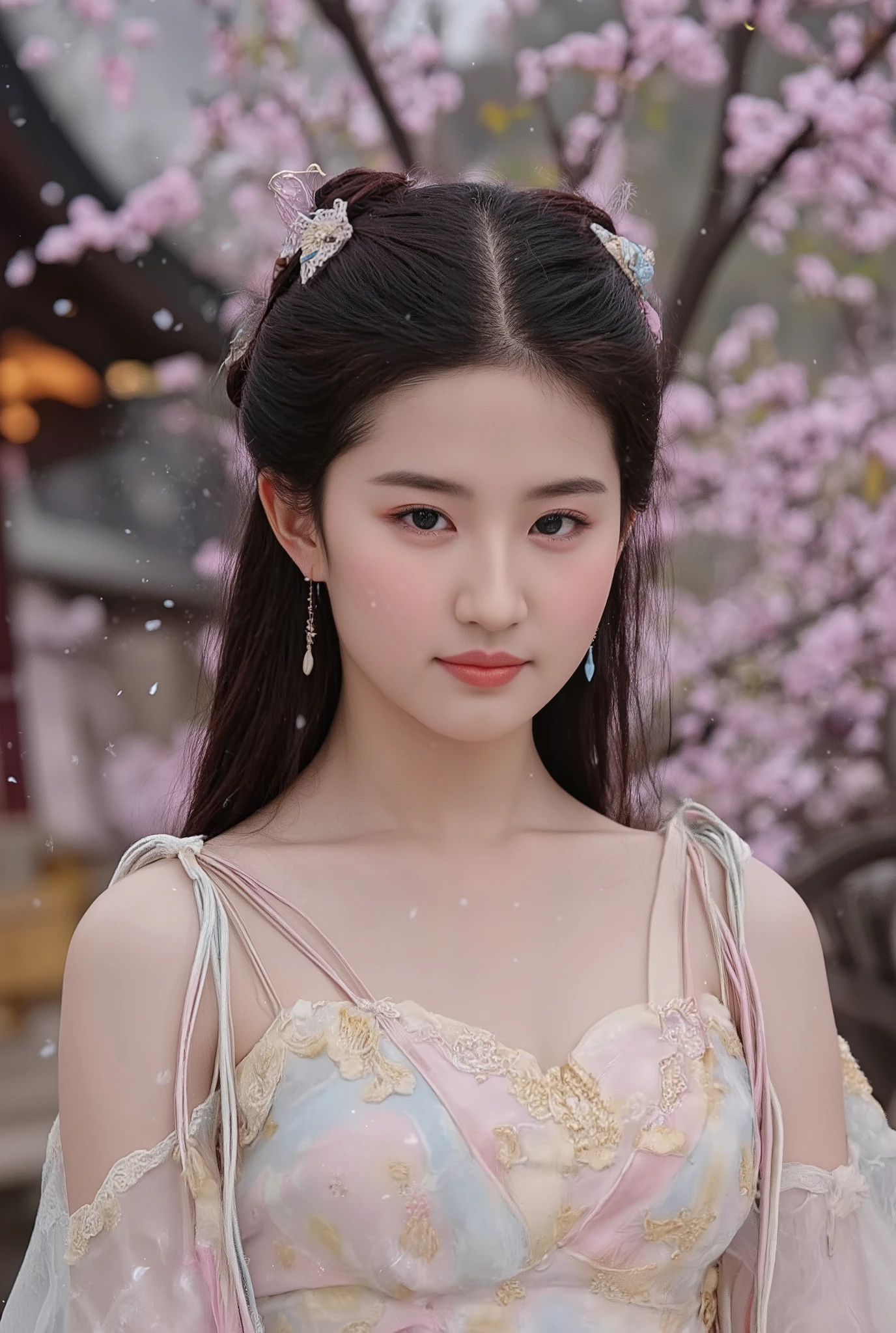 A woman dressed in an elegant fantasy-inspired gown stands amidst a serene outdoor setting. Her attire, a flowing ensemble of soft white and pink, features intricate golden embroidery and delicate tassels in hues of pink and blue. The gown is carefully draped, with an off-the-shoulder design that highlights her décolletage. The woman’s long, dark hair cascades down her back, adorned with ornate headpieces resembling antlers, which add a regal touch to her appearance. Cherry blossoms and snowflakes gently float around her, suggesting a magical atmosphere blending spring and winter. The background is softly blurred, with elements that appear to be traditional East Asian architecture softly illuminated under the night sky, enhancing the ethereal mood of the scene. The overall composition exudes a sense of grace and enchantment.