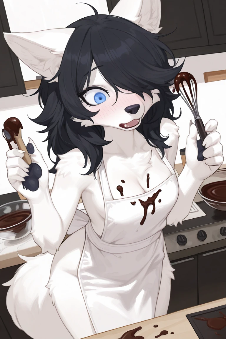 score_9,score_8_up,score_7_up, source_anime, kemono style, Natasha, an anthro furry wolf girl, long black hair, straight hair, red eyes, cute snout, black nose, all dark grey furry body, tall, medium breasts, black nipples, naked, lying on a table, pouring whip cream on herself, holding a container of whipped cream and pouring it on her breasts,