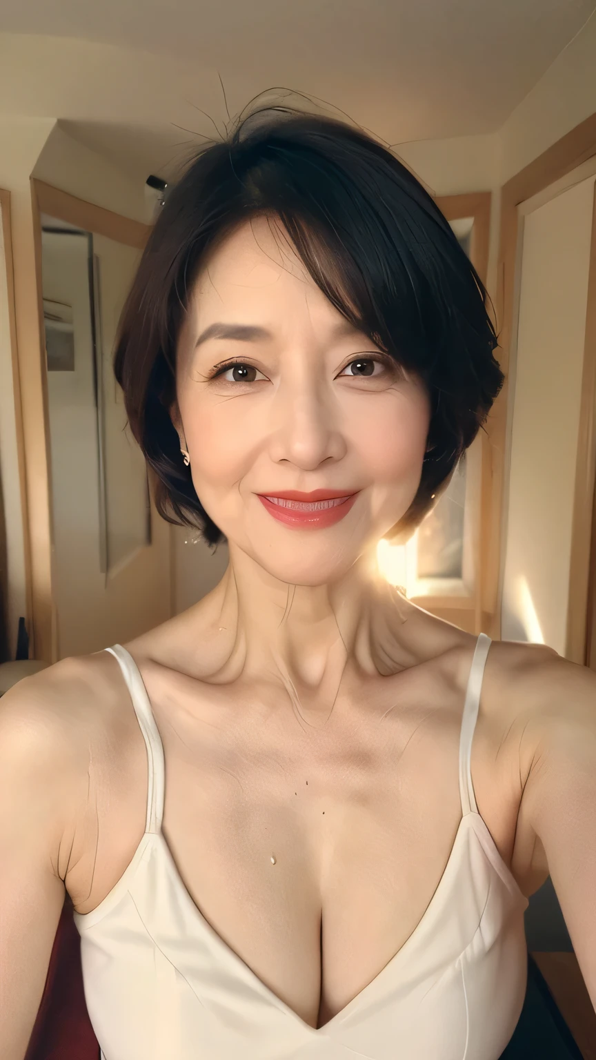 Masterpiece, Beautiful finish, Beautiful mature woman、65-year-old woman、Selfie, Face close-up,Long face, Red lips, Thin lips, Satin dress, Light from the front,