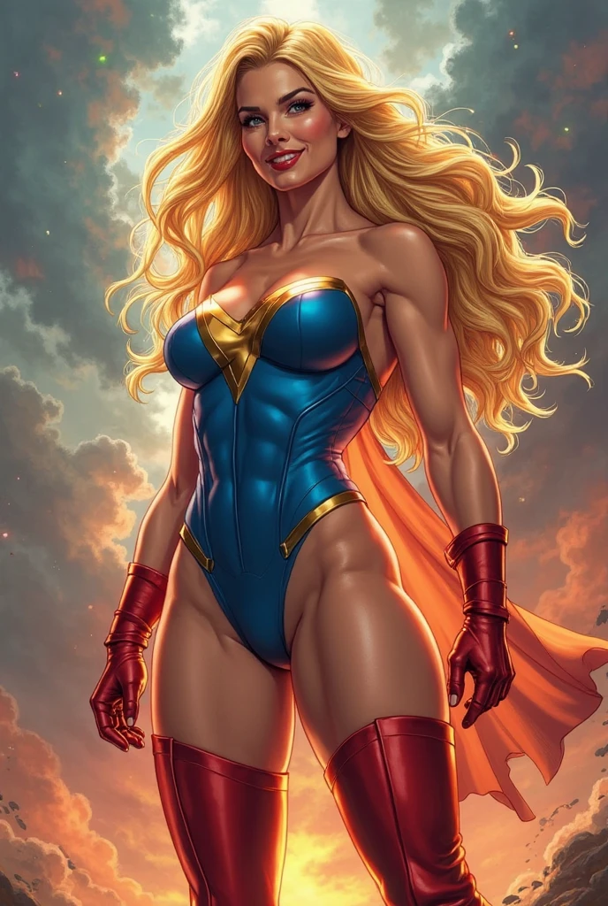 Movie scene, mid-length close-up [Cindy Crawford], blonde hair, movie scene, cowboy shot, beautiful woman, blonde, long hair, bangs hair, strong, beautiful, super girl DC comics, blue and red swimsuit, red and gold cloak, energy, action, impactful, floating in the air, low, night energy
