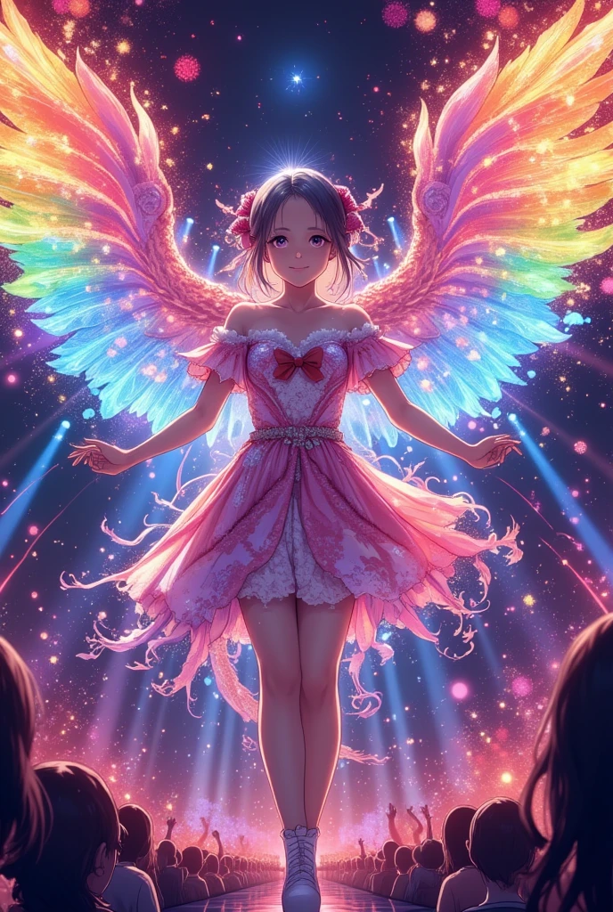 a sexually ambiguous person with rainbow wings, dressing fancy, hyperrealistic, 8k, high quality, intricate details, cinematic lighting, vibrant colors, surreal, digital art