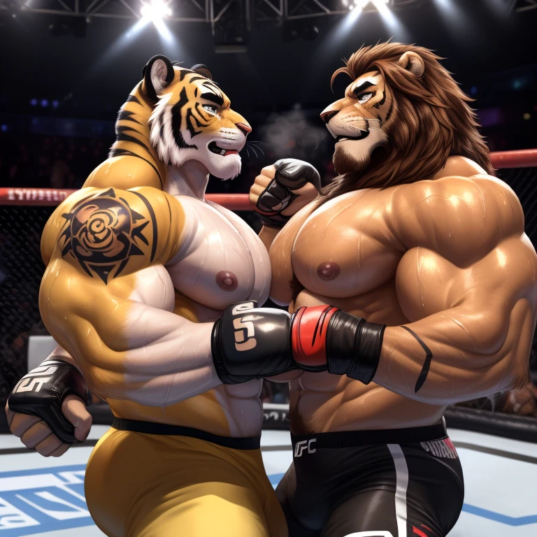 Duo male(Gray Cougar vs Cougar, handsomes, handsome hairstyle, tails, Thick eyebrows, detailed face), gay(Clinch embraced, body with body, kissing each other, up view, on a UFC match), hot(Shirtless), handsomes(They are handsomes, correct anatomy), musculosos(Big muscle bodies, Six packs, muscle abs, big pecs, muscle backs, muscle legs), sweaty(very sweaty wet bodies, shiny sweat), tatuajes(they have tattoos), grumpy(Both have an grumpy expression, grumpy teeths, steaming breath), UFC gloves(They both are wearing UFC gloves), UFC boxers(they both are wearing ufc boxers), Hight resolution, by(Zourik:1.1)