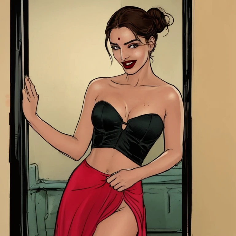 INDIAN CURVY BRIDE, Wet , Kinky , mistress, hunter, Wet BBW PAWG CHUBBY CURVY FAT ASS CURVY mistress her big ass in leather thong and big cleavage in leather bra, dark black lipstick,high heels, inside bedroom , pantyhose, strapon dildo, kinky , femdom, cruel mistress, sex toys,hand gloves with HUNTER and tattoo and strap in neck, Full body picture, VEIL RED SAREE 