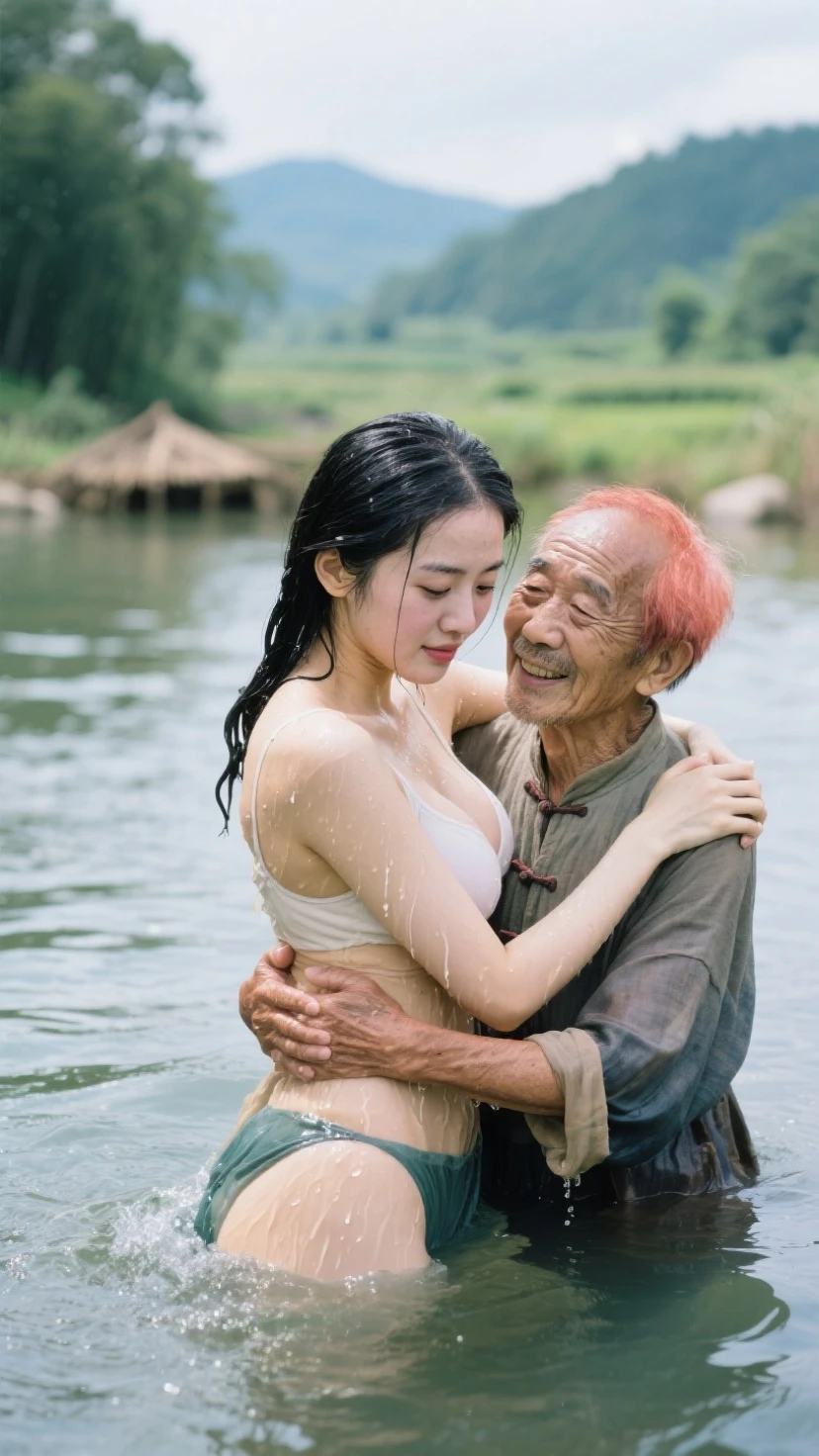 A Korean man with a defined six-pack abs, naked, showering and hugging an elderly woman in public.