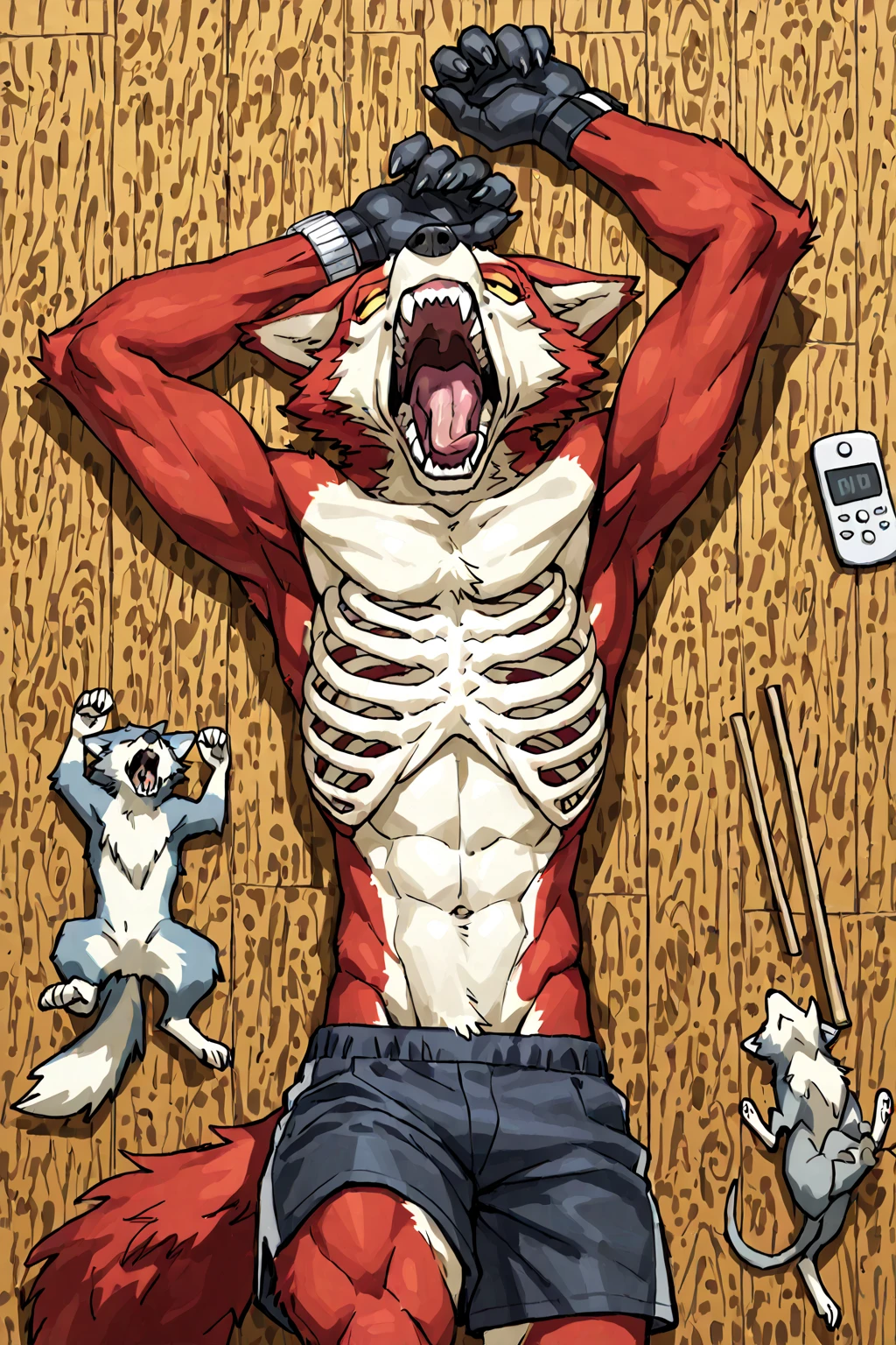 score_9, score_8_up, score_7_up, score_6_up BREAK furry, anthro, source furry, uploaded on e621 BREAK barcode tattoos, (robot, android, mechabare:1.6, severed limbs, severed arms,, severed body, severed belly, destroyed belly, guro, amputee, dismembered, dismemberment, broken, damaged, heavily damaged, destroyed), solo, male, adult, extremely muscular, muscle, fox, yellow fur, white chest fur, short messy dark blue hair, detailed eyes, hard nipples, cargo shorts, component, mechanical parts, mechanical component, lying, lying on the ground, leaning back to box, pile of trash, in the trash dumping ground, trash dumping ground background, angry expression, looking away, BREAK good quality, best quality, high quality, high definition, hd, 4k, 8k, masterpiece, intricate, extremely intricate, intricate details