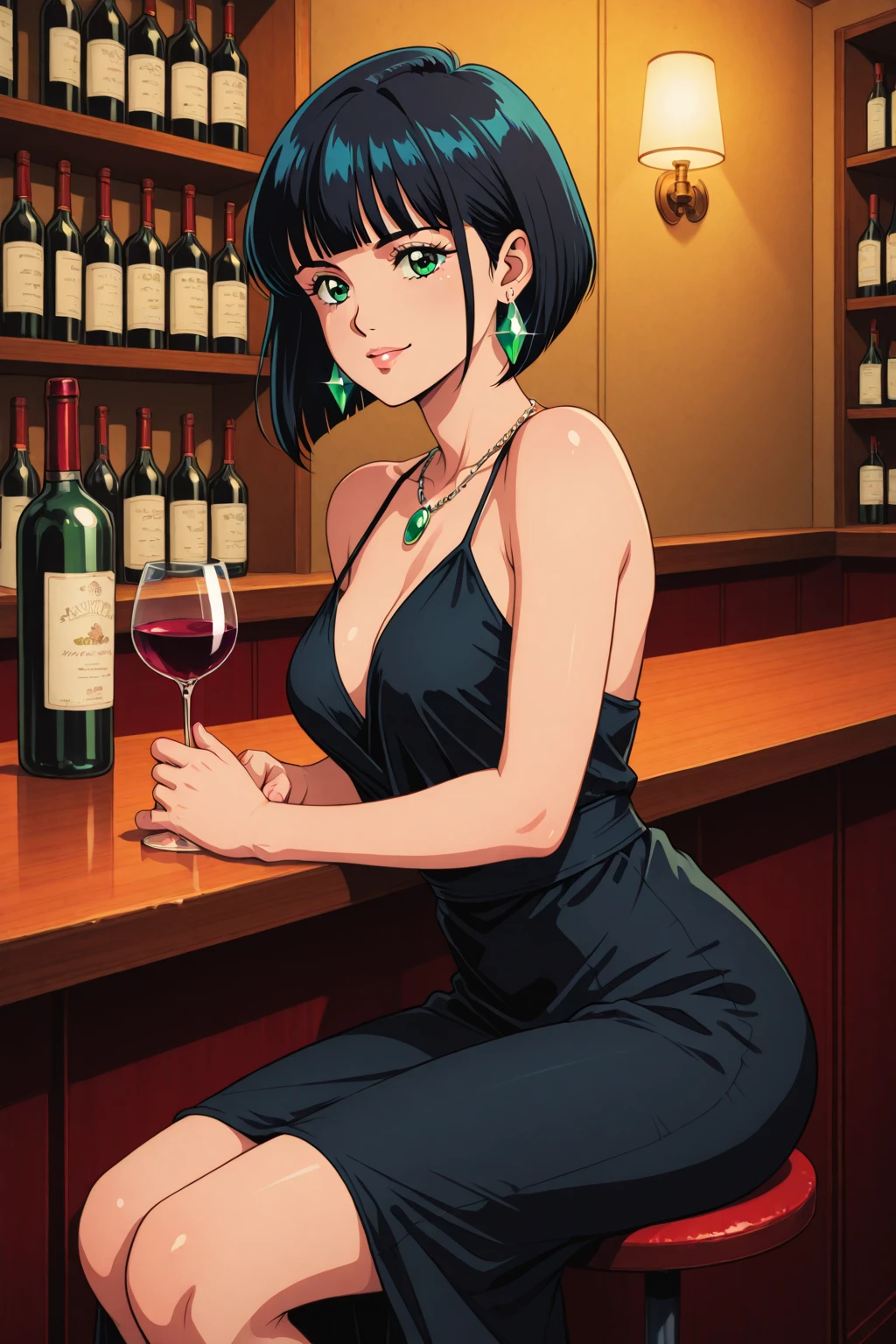 ((masterpiece)), best quality, ultra detailed, looking at viewer, intricate details, rich colors, sharp focus, volumetric lighting, dramatic atmosphere, nabiki tendo, brown eyes, nabiki, looking at viewer, 8k, 4k,light particles, highly detailed, detailed eyes, office INTERIOR, solo, bob cut, mini dress, pelvic curtain dress, heels, TendouNabiki, heels, cleavage, sit on bar chair, white panties, jewels, black heels, jewelry, hands on chest, upclose camera, crossed legs, night time, bar background, glass of wine, blush,