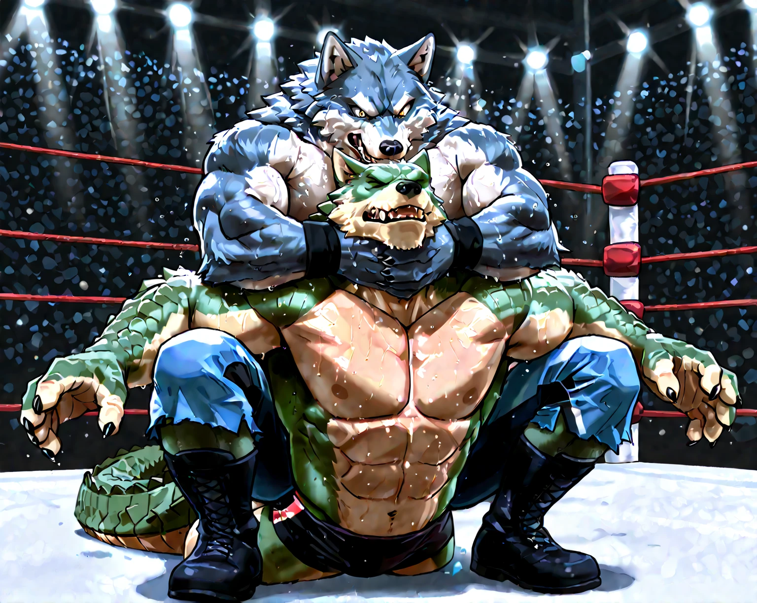 score_9, score_8_up, score_7_up, rating_rule34,source_furry,anthro,source_3D,  Guilmon and white fox 
anthro.
 male.

Unreal Engine.
red eyes.
looking at the camera.
muscular.
fighting ring in the background.
Nude.
duo:1.1.
night with full moon. (sex backwards) nude (penis, balls, big penis), (Gay sex)  (condom) (((anal sex))), , (((anal penetration))), (duo) (, venom_assimilation, merging, absorption, size differences, venom fucking 1boy, 
