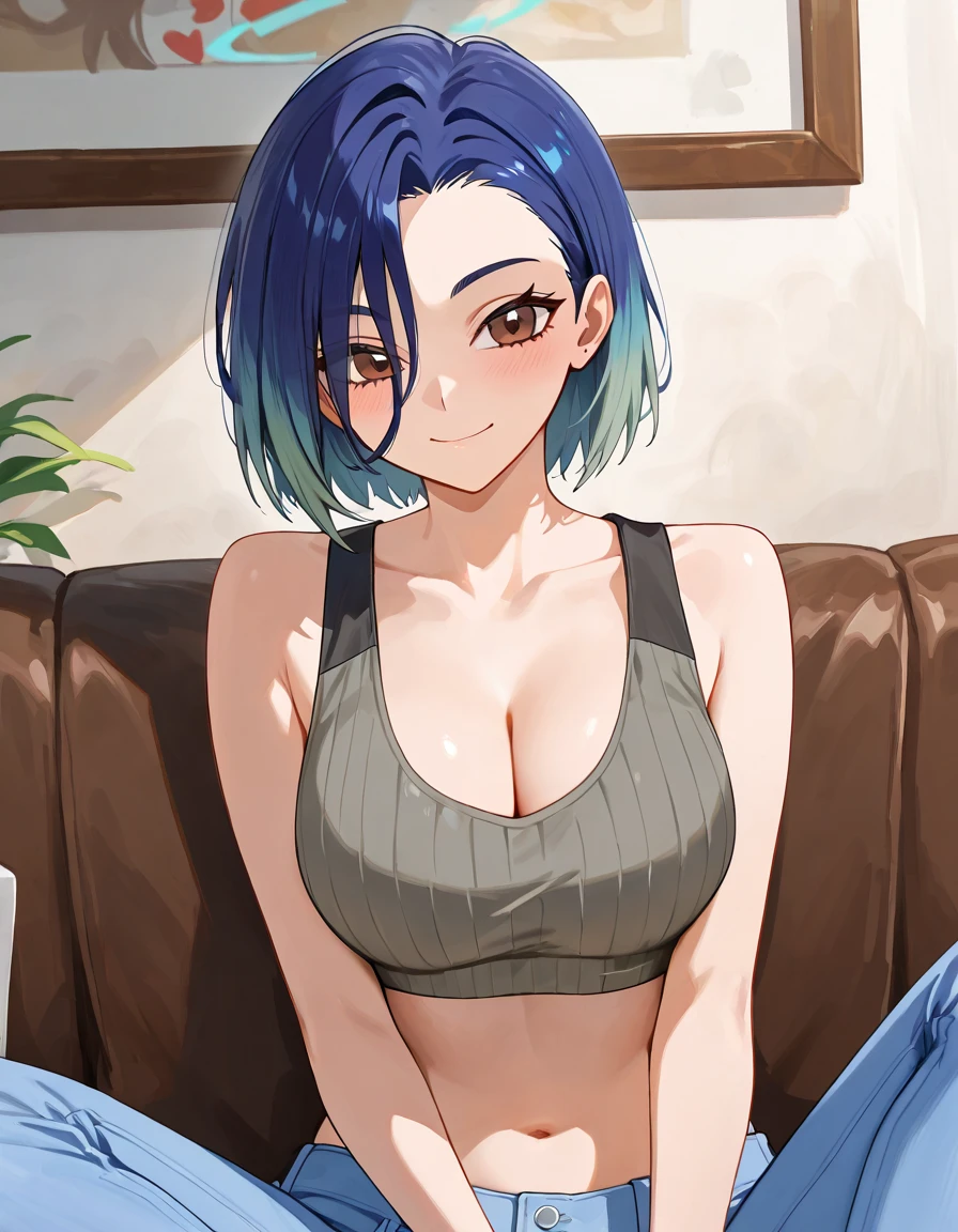 mature woman, tomboy, hot face, teasing expression, seductive grin, (sharp eyes), cyan eyes, short hair, pixie hairstyle, dark blue hair, fit body, big breast, short pants, casual clothes, sitting down, sitting on sofa, (holding manga), view from side, side view, living room