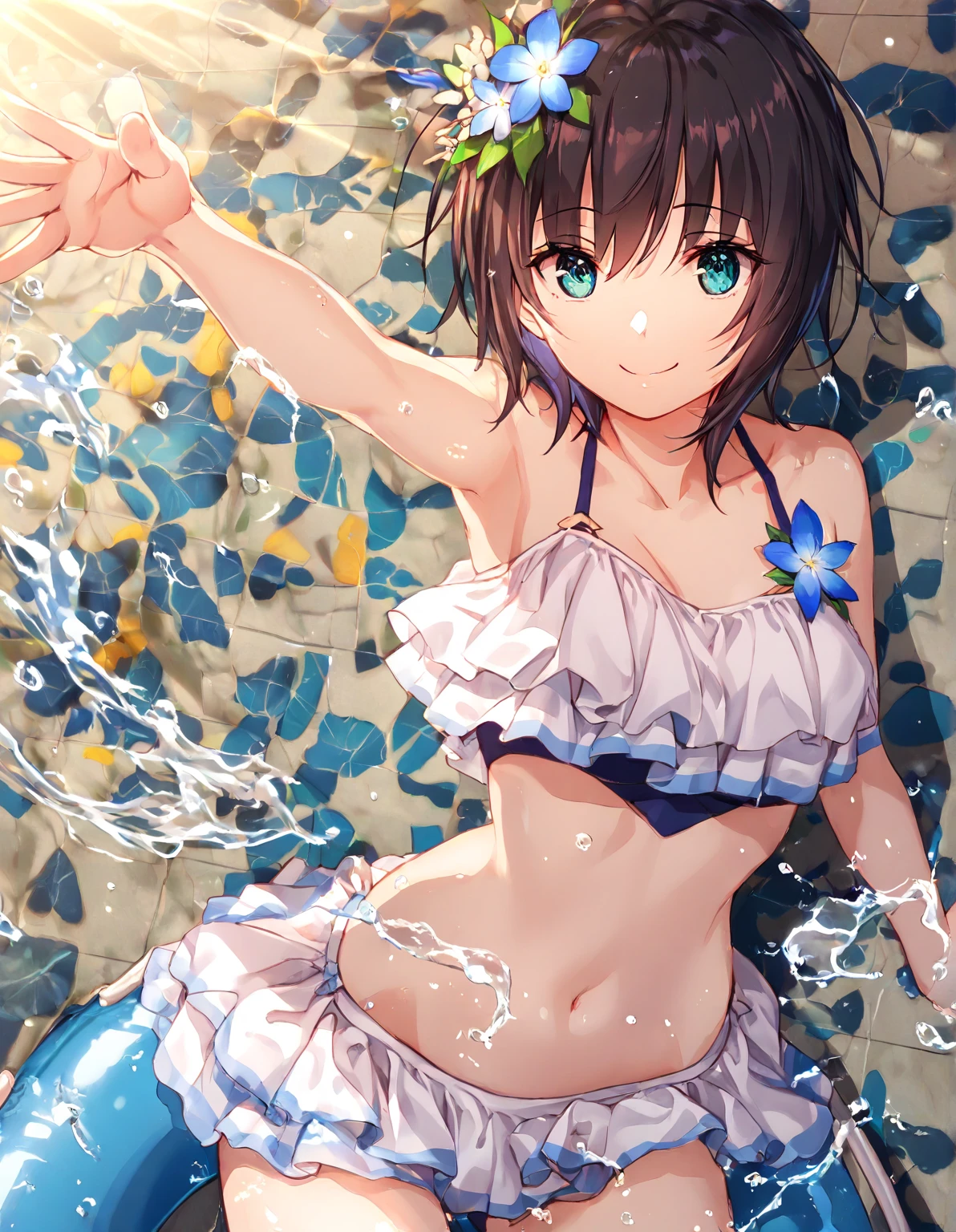 Masterpiece, top quality, ultra high resolution, (photorealistic photo: 1.4), ((1 girl, white fair skin: 1.4, kneeling, from above, looking up at the viewer, face closeup, 19 years old, pretty, cute, black hair, bob_cut, short hair with bangs, large breasts: 1.6)) (bikini swimsuit: 1.3, simple blue and white two-tone swimsuit, blue and white swimsuit, Glossy shiny shiny swimsuit, shiny swimsuit with reflective surfaces, dripping wet body: 1.2) (portrait of a famous actress of Japan), (smile, happy, joyful, cheerful, close mouth), (breasts tucked between arms and breasts), high detailed eyes, ((Really snow-white background, nothing background)))), long neck, (short hair with bangs, bangs)))), eyelashes, big eyes, (((very beautiful, Very beautiful, tremendously beautiful)), (((natural light, ears, sheer, see-through, transparent, huge, crotch spread, big thighs, big ass, highlights in the eyes, swimsuit with a small area)))