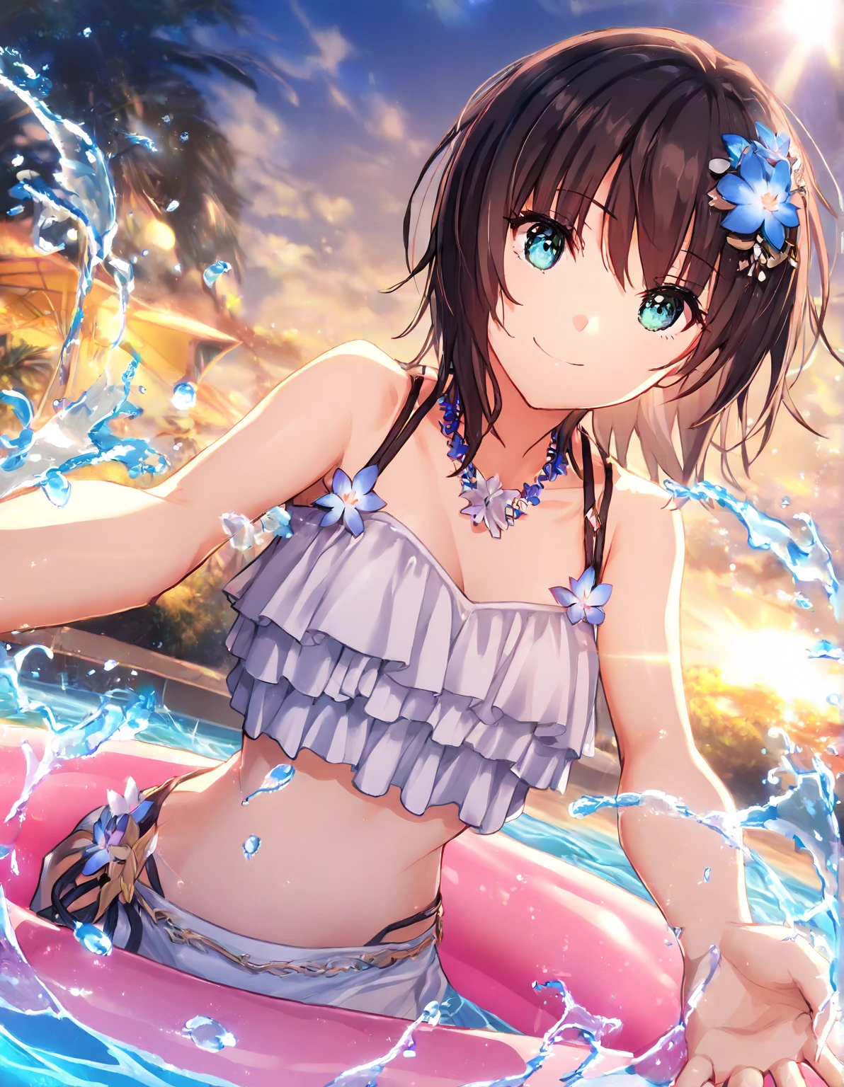 masterpiece, best quality, high quality, extremely detailed, very delicate and beautiful, (1 female 18 years old solo:1.3), (long black hair up to waist with two side up:1.4), bangs to eyebrows, eyes (eyes sharp, strong glossy glossy eyes, eyebrows glossy, (eye color magenta:1.3), 6.5 head height, (bikini swimsuit with summer flower print:1.3), (standing), (dynamic pose), (background summer river and forest:1.3), (blue sky), (upper body:1.3)