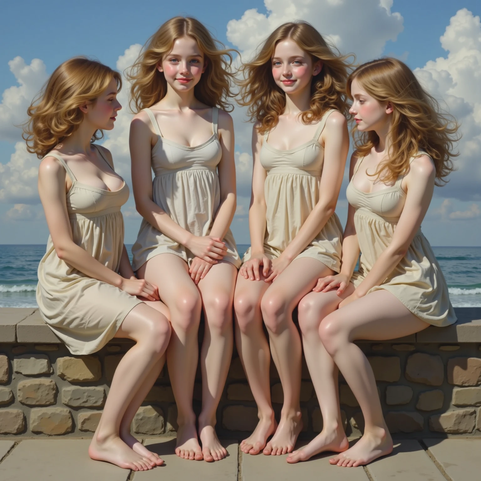 alone in the universe, Paint in watercolor style, Photorealism, discreet golden and ruby and mint shades, two (nudes) gentle, modest thin girls of 16 years old with tender nipples walk barefoot in the distance along the coast