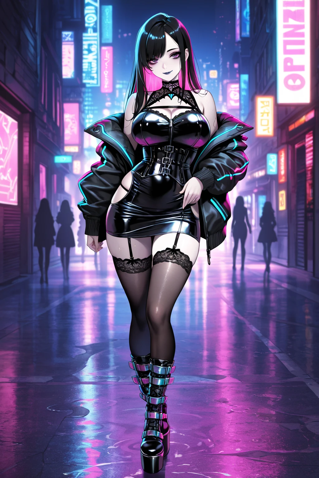 girl spacepunk,(((1girl))),((cute and beautiful afro haired girl)),((((black race)))), (large breasts:1.4),saggy breasts,((((hot pink afro hair:1.35,((afro hair:1.35)),afrohair,afro:1.35,dark hair,black hair,Double hair bun:1.3)))),medium hair,((heterochromia:1.5, (yellow_eye and red_eye))),intricate eyes,beautiful detailed eyes,symmetrical eyes,((fat)),((((tan,dark skin,black skin:1.35,dark-skinned_female,dark skin:1.3,ebony skin,lustrous skin:1.5,bright skin: 1.5,shiny skin,very shiny skin,shiny body,illuminated skin,wet legs)))),(spider lower abdomen,narrow waist,wide hip,athletic body,inflated legs),(((detailed face))), cute,slutty,sensual,seductive look,seductive,erotic,enchanting,((nsfw)), revealing clothing,show skin,(((neon green fishnet dress))),((slave collar)),(((wet clothes,intricate outfit,intricate clothes))), (dynamic pose:1.0),solo focus,embarrassed,(centered,scale to fit dimensions,Rule of thirds), cyberpunk city by the ocean at night, with bright neon signs and dark stormy clouds and puddles, scenery:1.25, artistic photography,(photography taken by sldr),highres, sharp focus, (ultra detailed, extremely detailed), (photorealistic artwork:1.37),(extremely detailed CG unity 8k wallpaper),((synthwave background theme)),(((vibrant colors))),(intricate background),(masterpiece),(best quality),