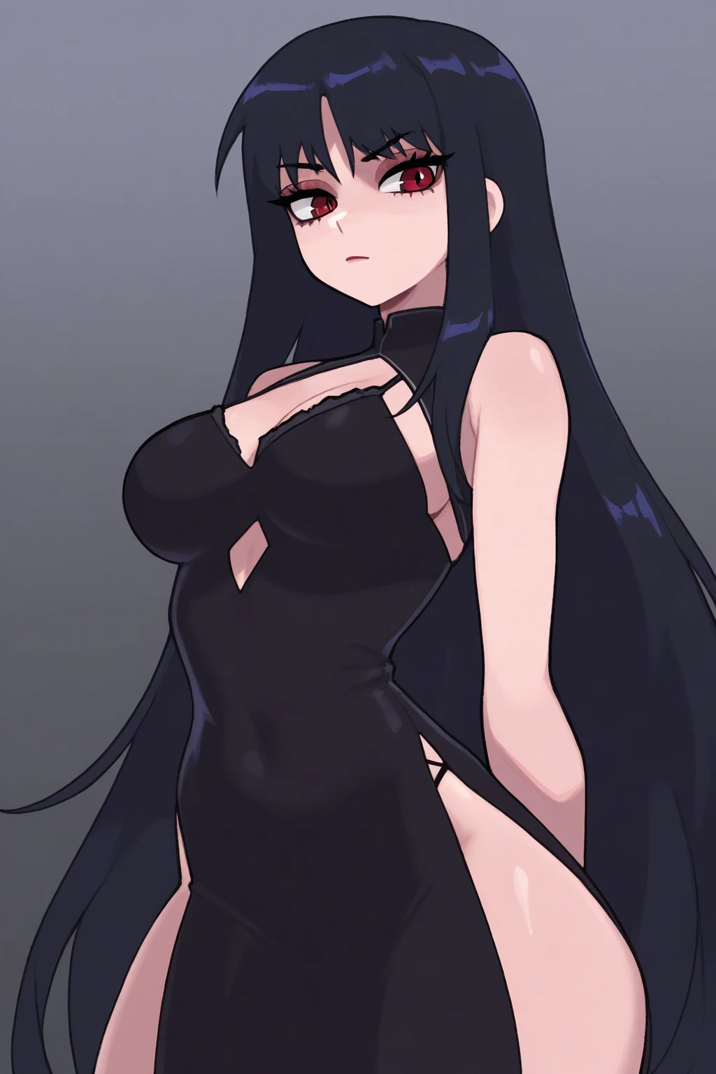 1 girl, (Masterpiece), dynamic lighting, dynamic colors, (scenery), best pose, (gacha splash background), female, (((milf, small head, small eyes, angular face, angular chin, long face, mature face, mature))), (human), (jet black colored hair, long sleek hair, sleek hair, scarlet red colored eyes, glowing eyes), sparkly eyes, (super expressionless, super expressionless eyes, super confident pose, super expressionless expression), (((long dress made out of black smoke, all black dress, black dress, full dress, covered))), (((big breasts))), ((tall, lengthy body, deathly pale, scarlet red lips, slim waist, slim)),