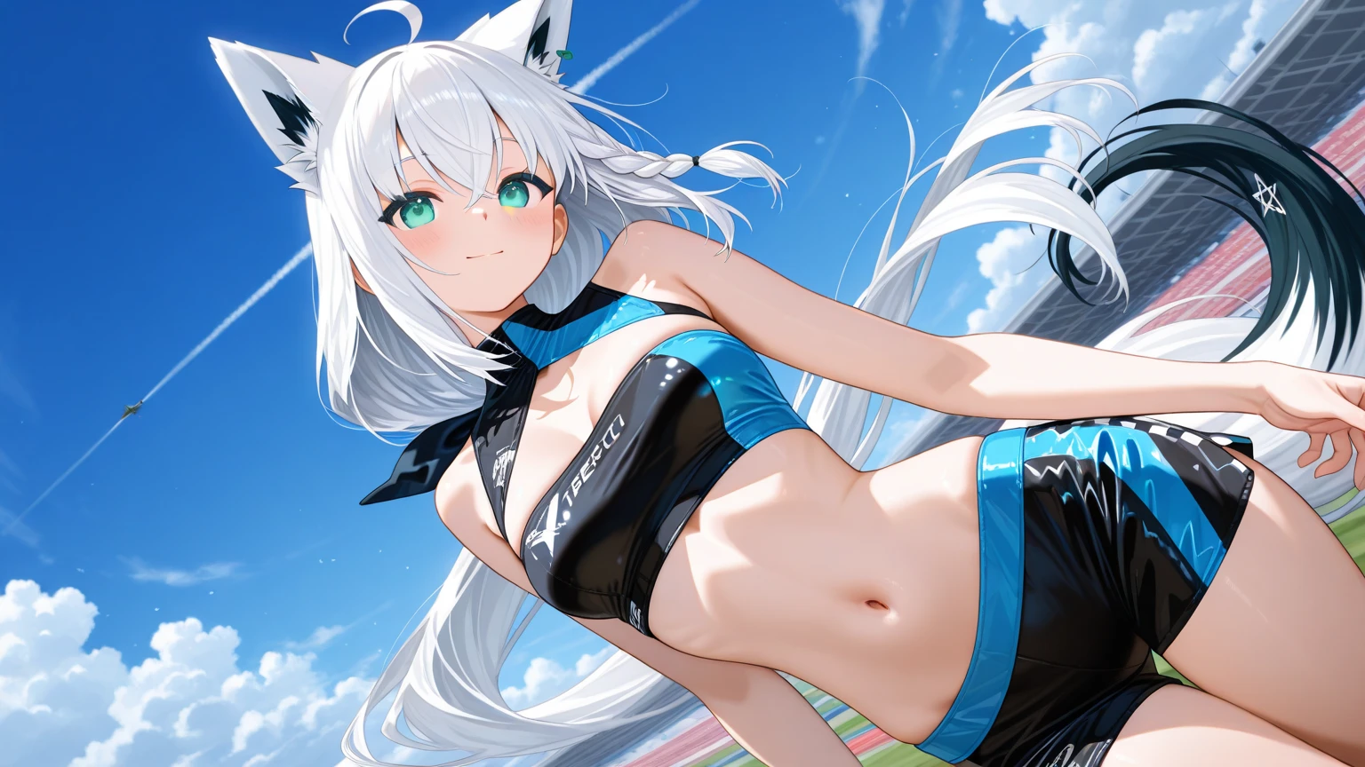 <lora:hizukimiuV0.3-20:0.6>, (hizukimiu),bikini,shorts, thighhighs, virtual youtuber, green eyes, cat girl,toon \(style\),happy,